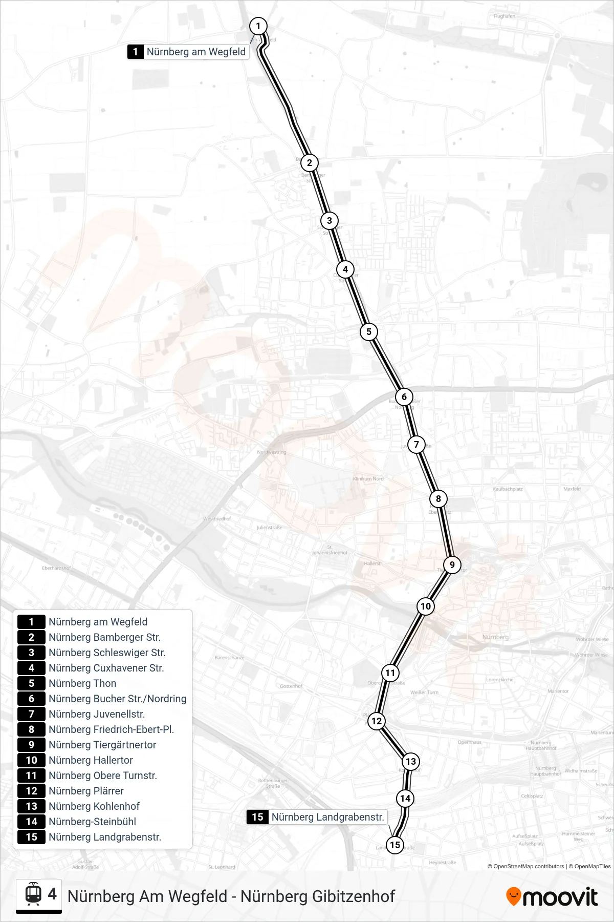 4 tram Line (Landgrabenstr.) route and stops on a map