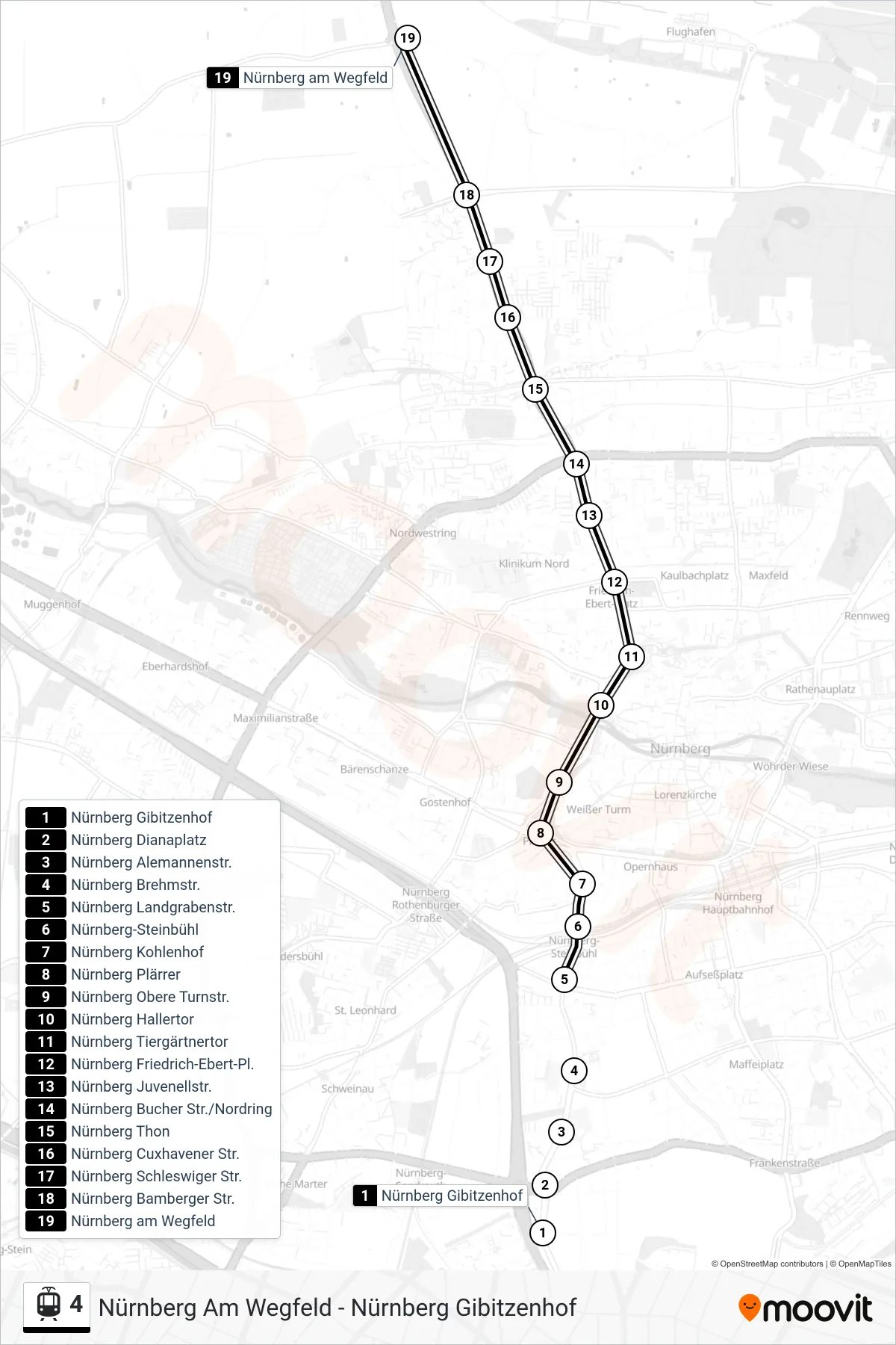 4 light rail Line (Am Wegfeld) route and stops on a map