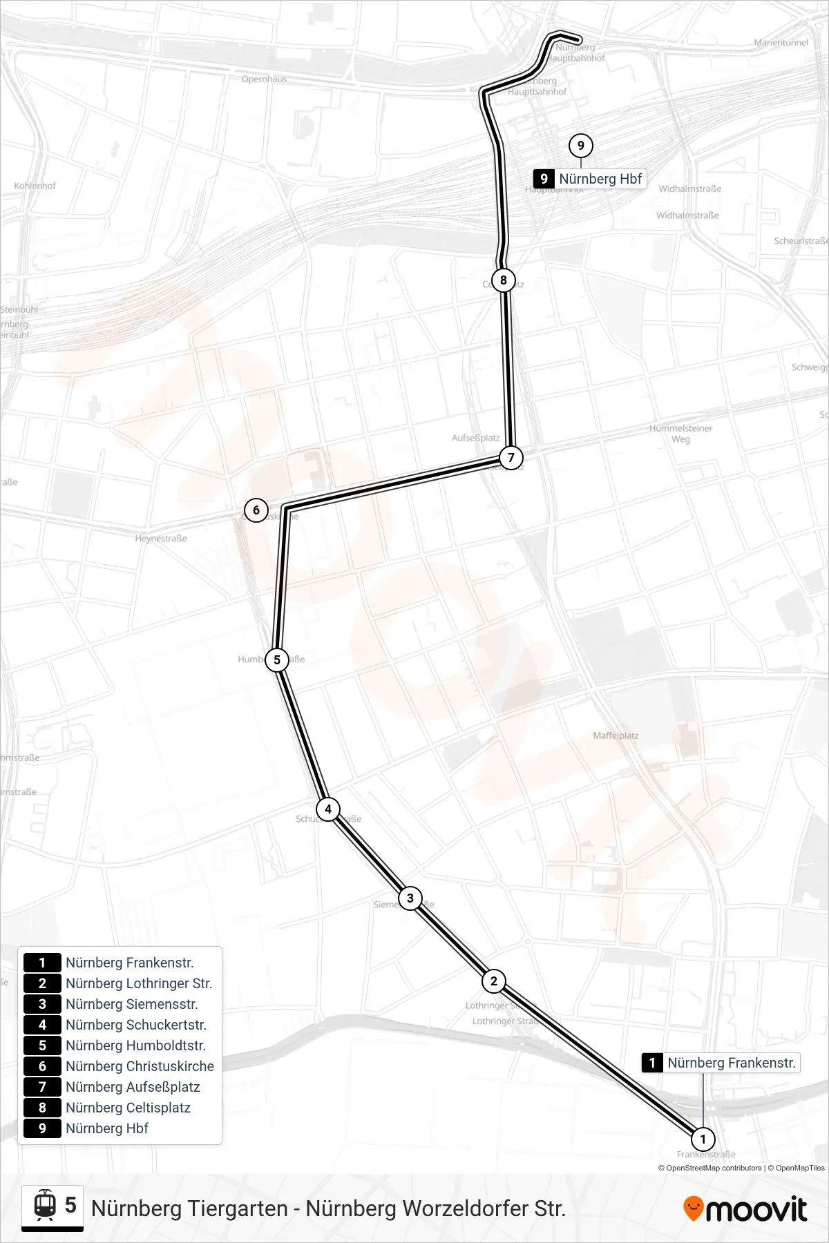 Linie 5 (Straßenbahn) Richtung Hauptbahnhof: Route und Haltestellen auf der Karte