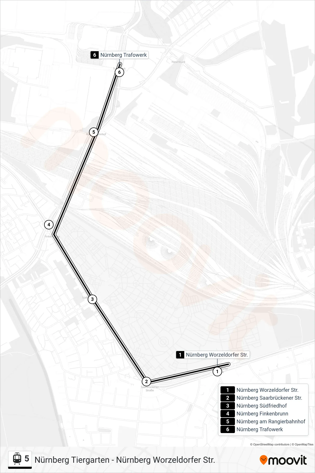 5 light rail Line (Trafowerk) route and stops on a map