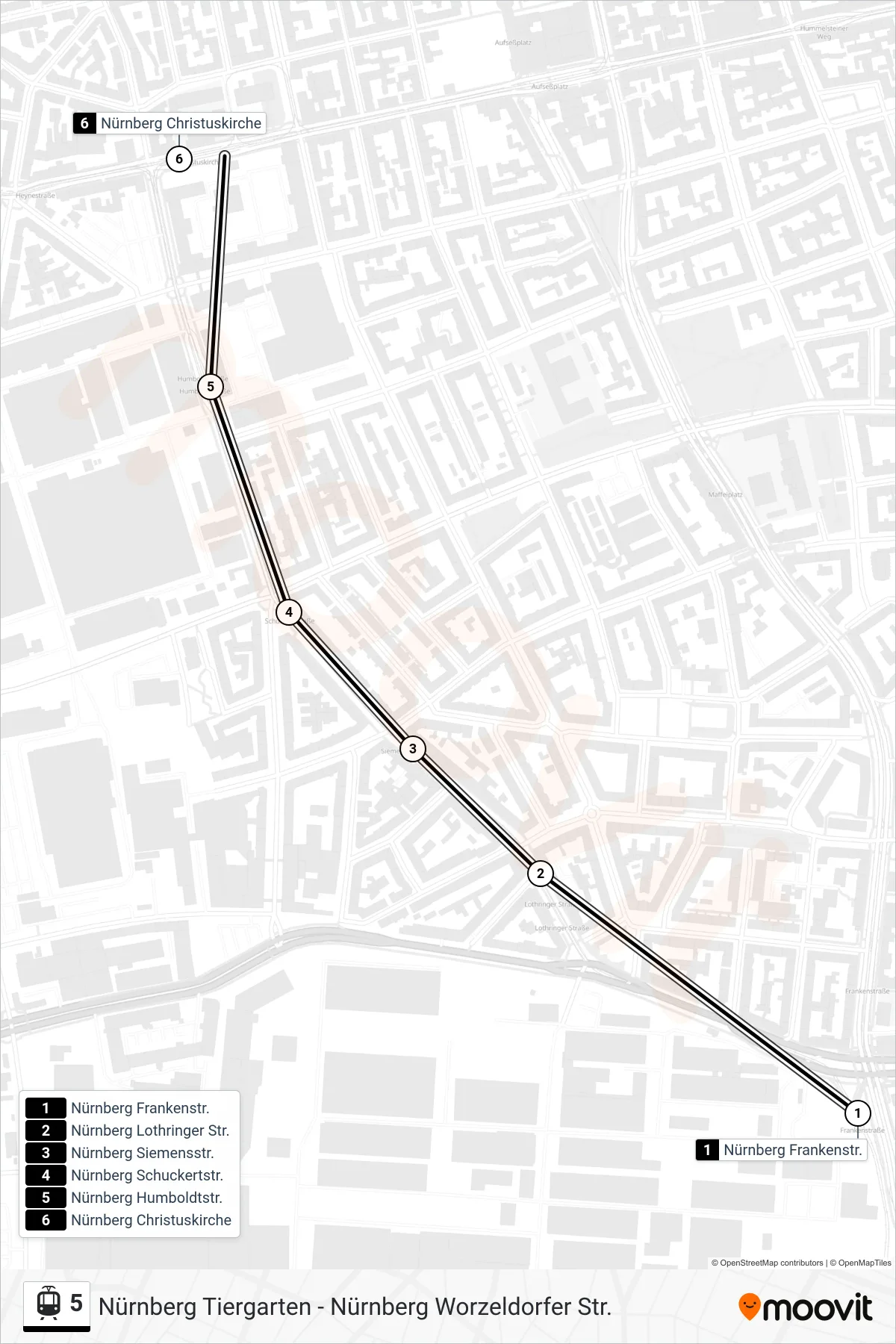 5 light rail Line (Christuskirche) route and stops on a map