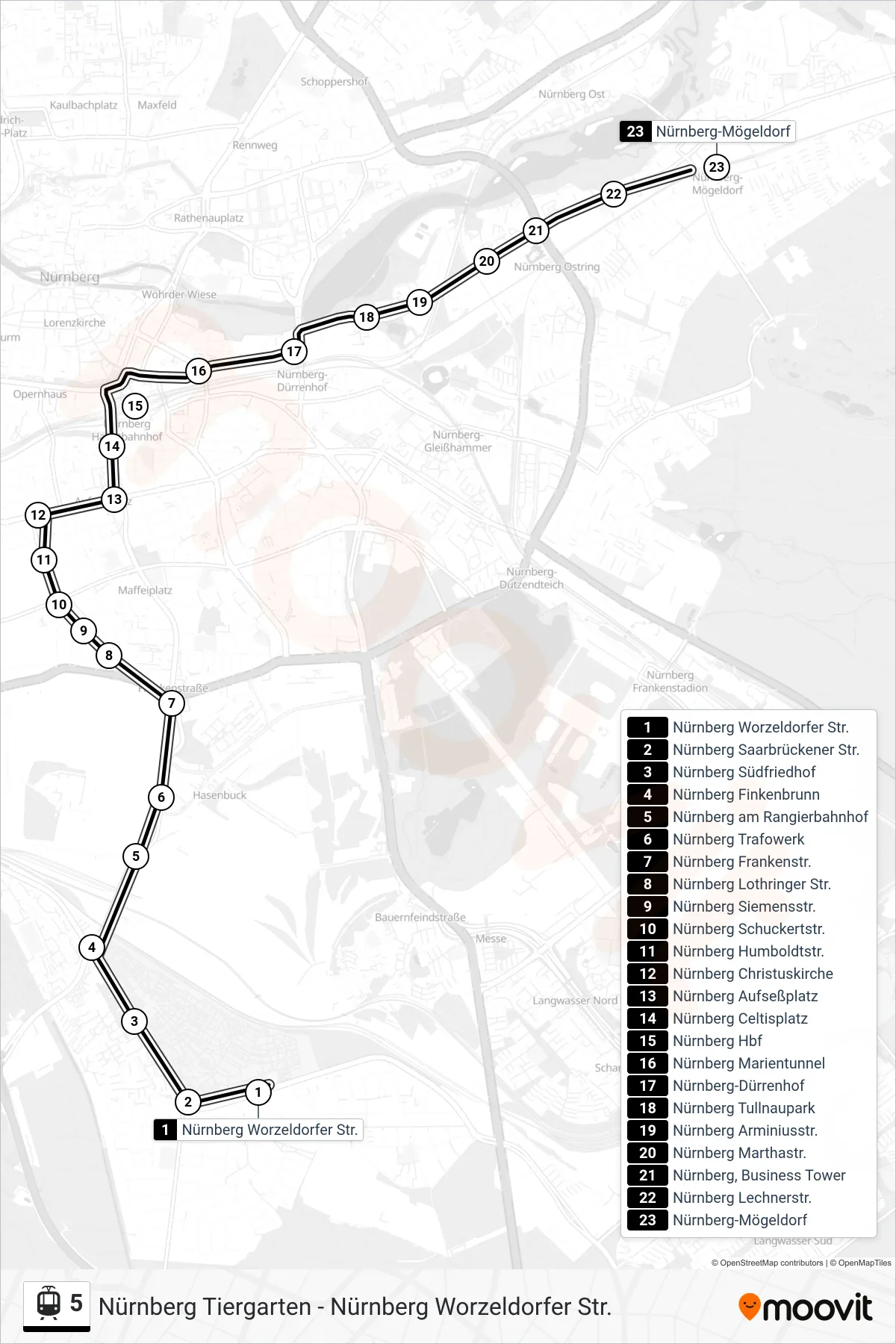 5 light rail Line (Mögeldorf) route and stops on a map