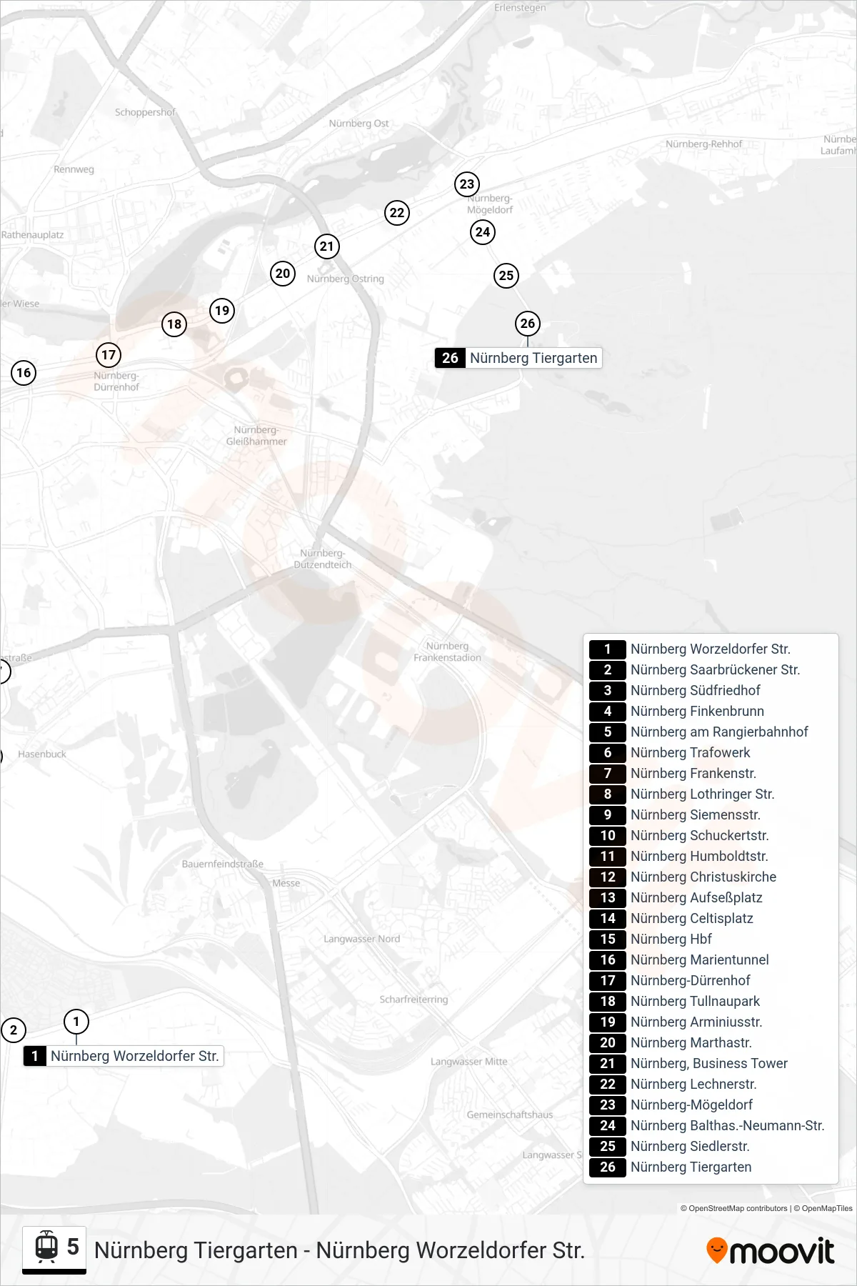 5 tram Line (Tiergarten) route and stops on a map