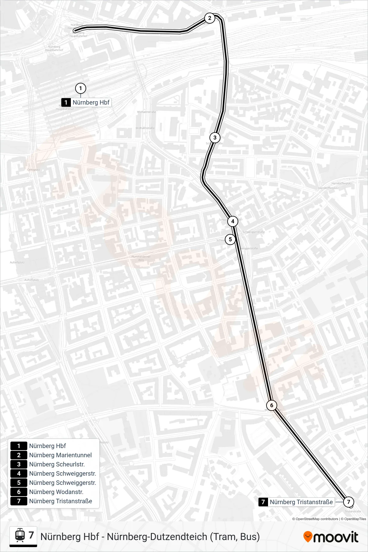 Linie 7 (Straßenbahn) Richtung Tristanstraße: Route und Haltestellen auf der Karte