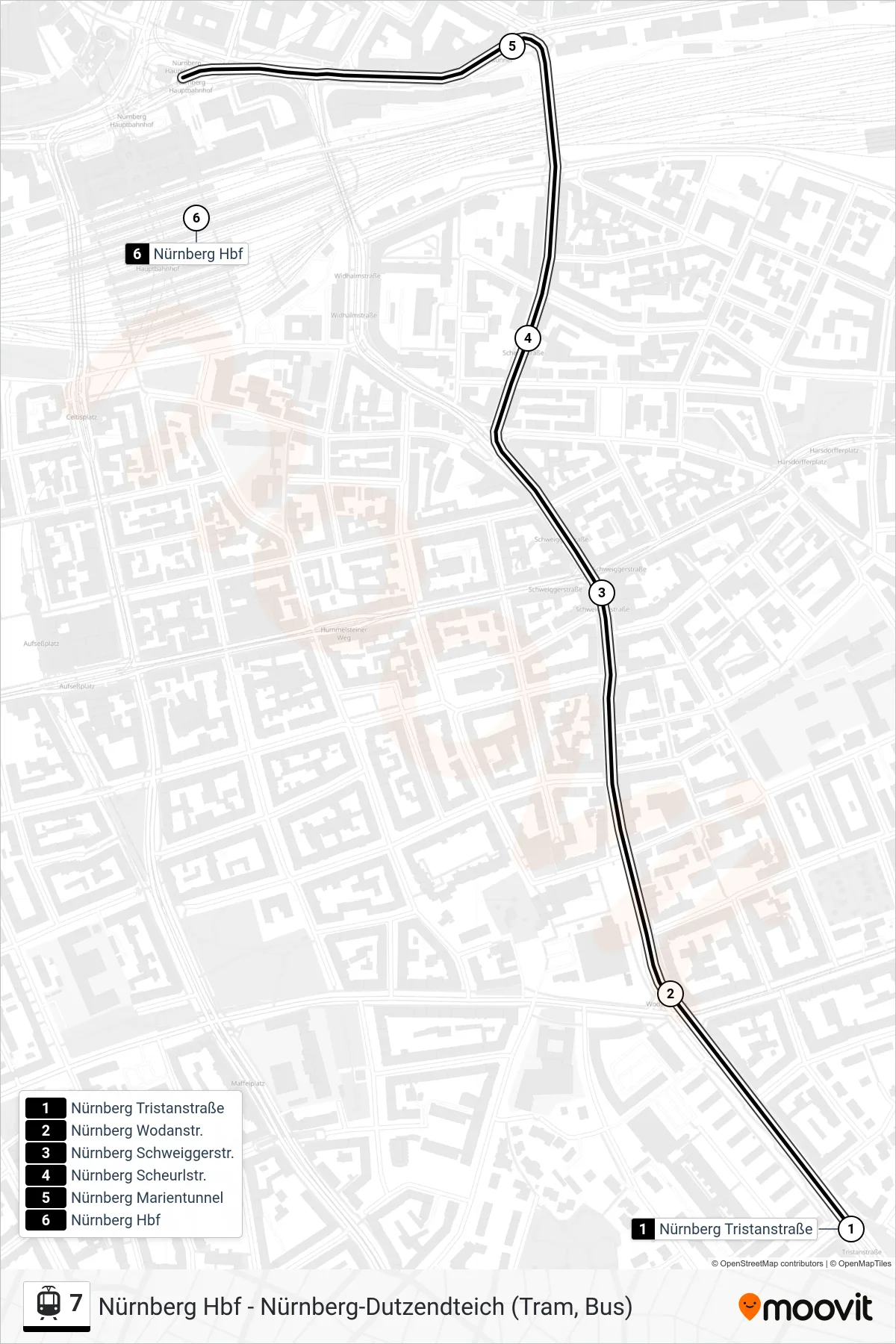 7 light rail Line (Hauptbahnhof) route and stops on a map