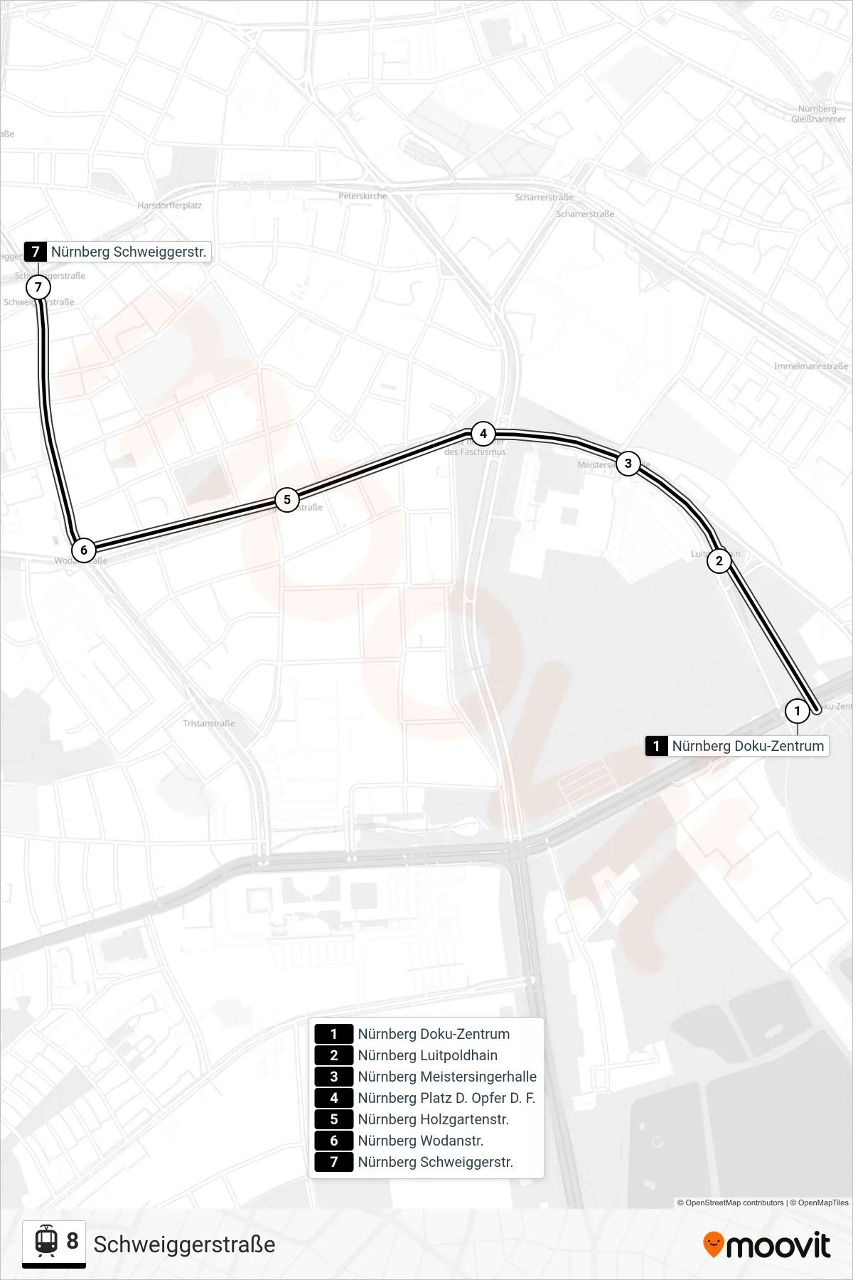 Linie 8 (Straßenbahn) Richtung Schweiggerstraße: Route und Haltestellen auf der Karte