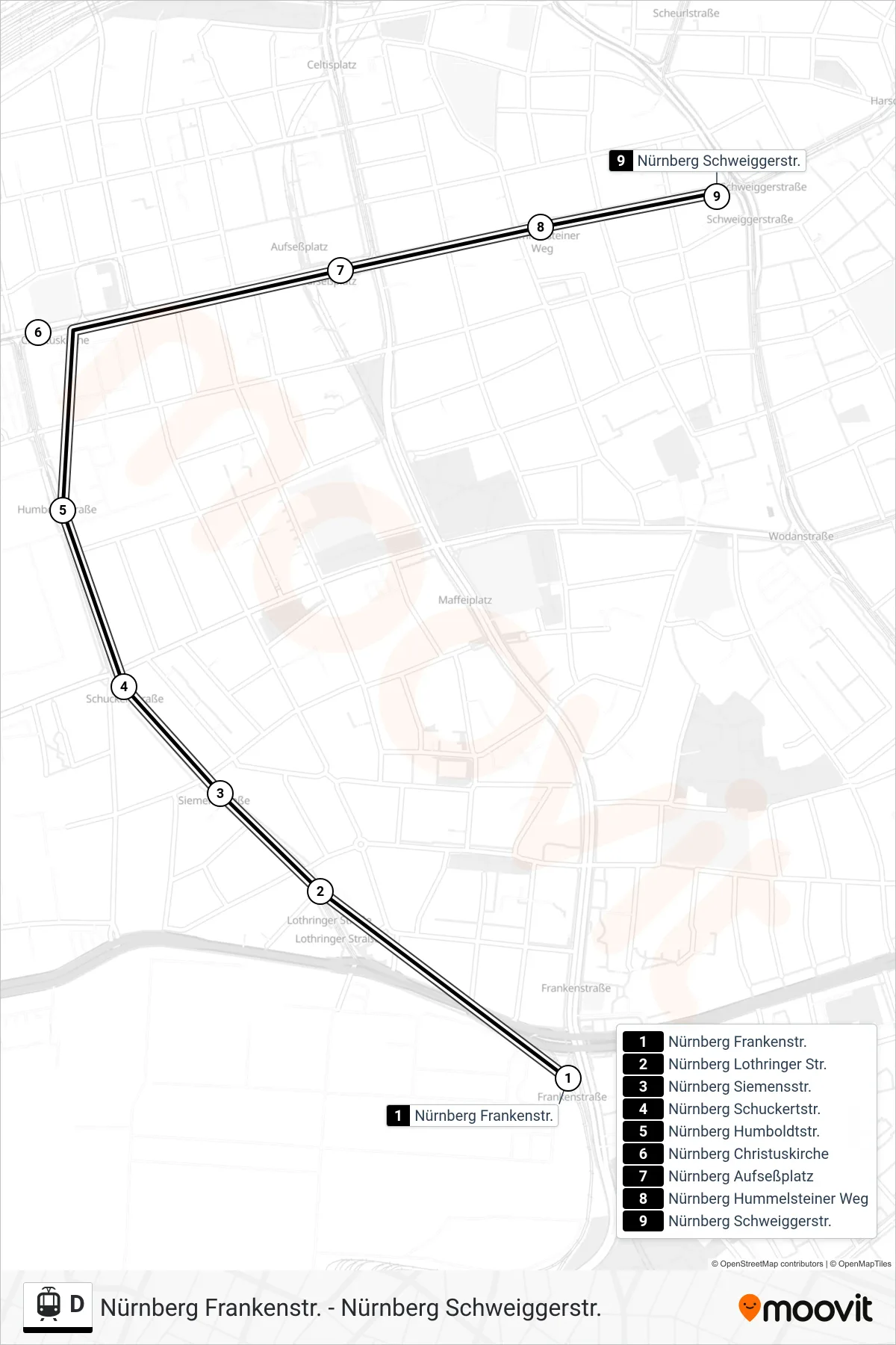 D light rail Line (Erlenstegen) route and stops on a map