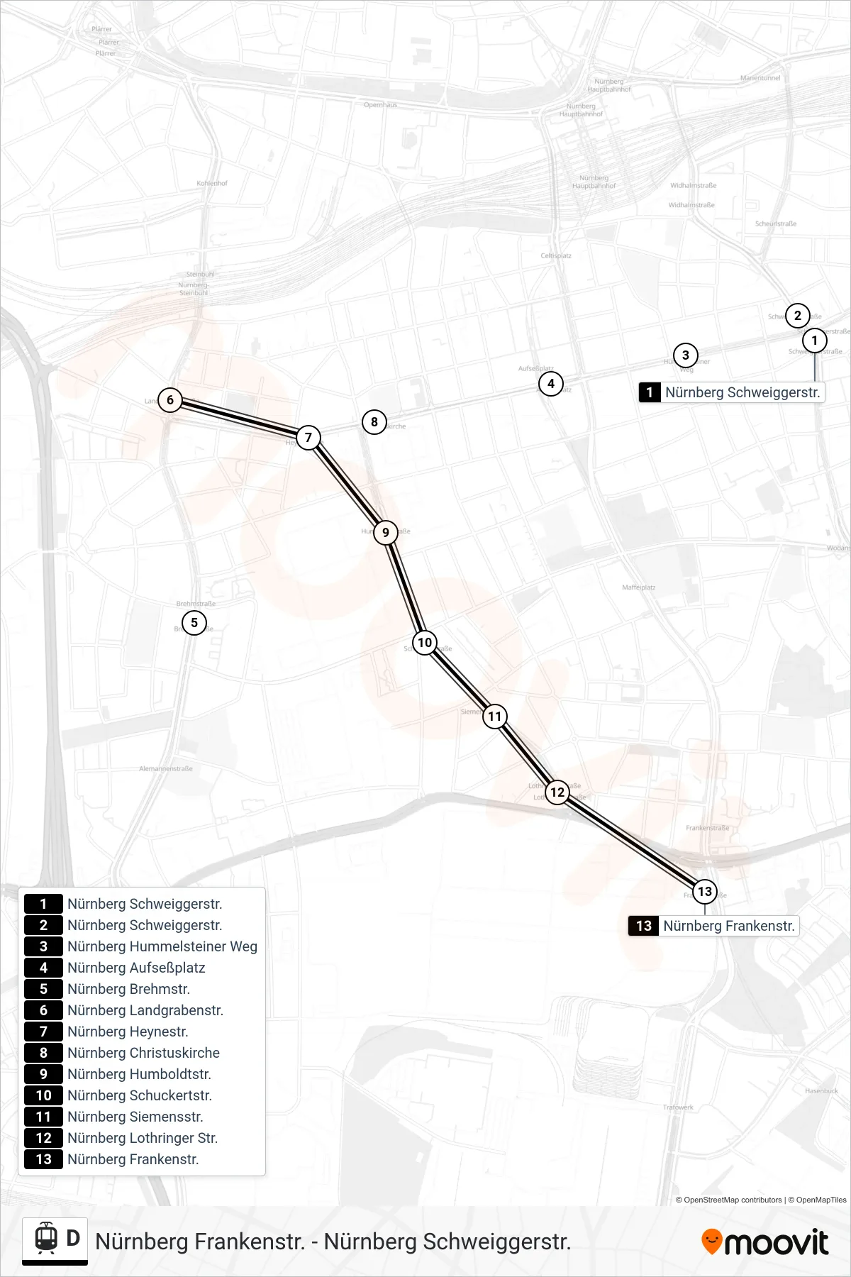 Linie D (Straßenbahn) Richtung Frankenstraße: Route und Haltestellen auf der Karte