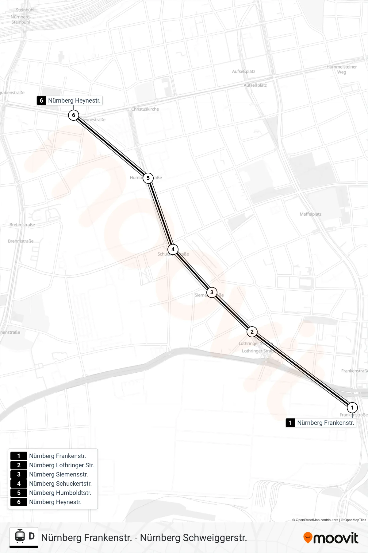 D light rail Line (Westfriedhof) route and stops on a map