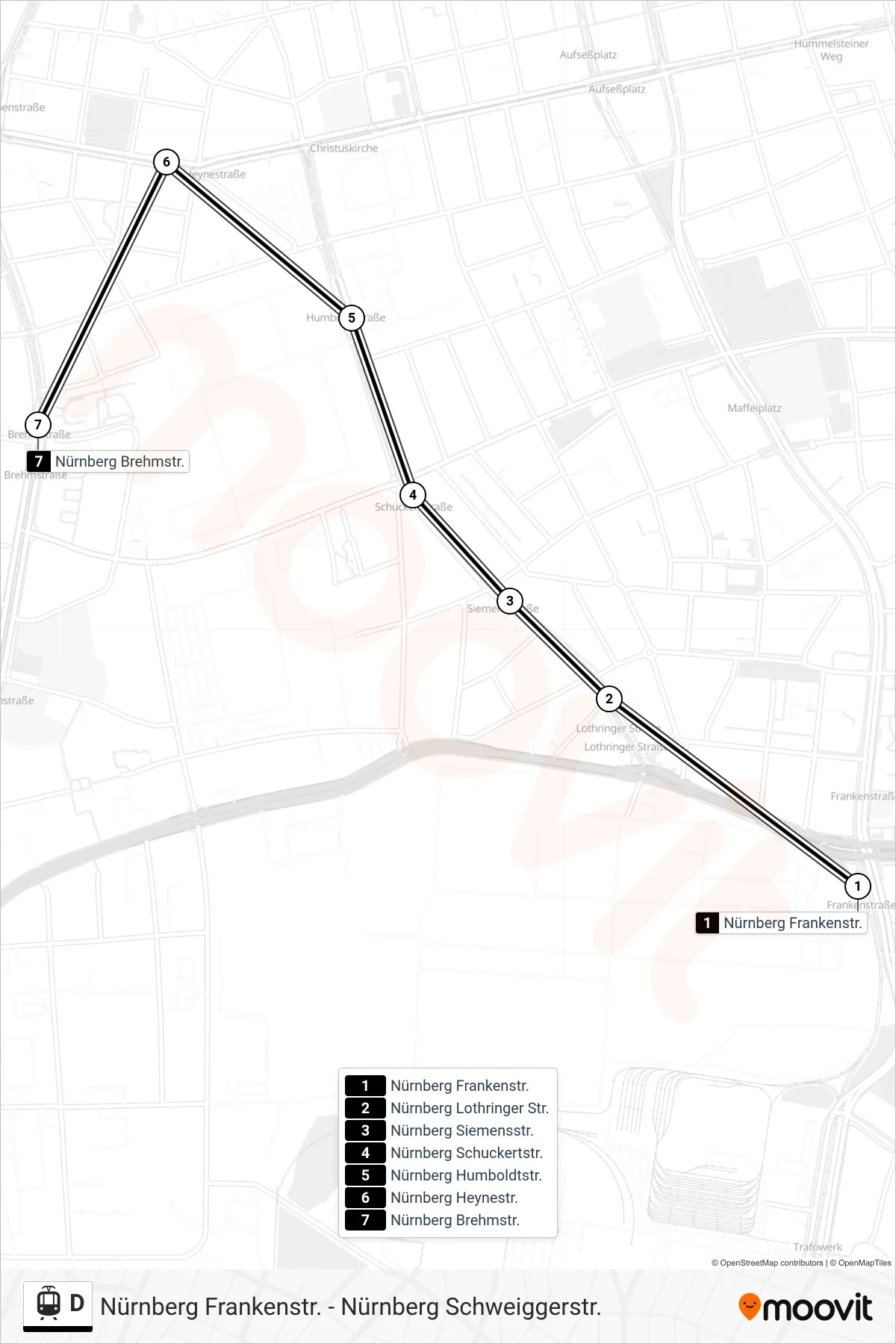 Linie D (Straßenbahn) Richtung Gibitzenhof: Route und Haltestellen auf der Karte