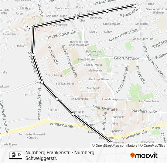 Трамвай D: карта маршрута