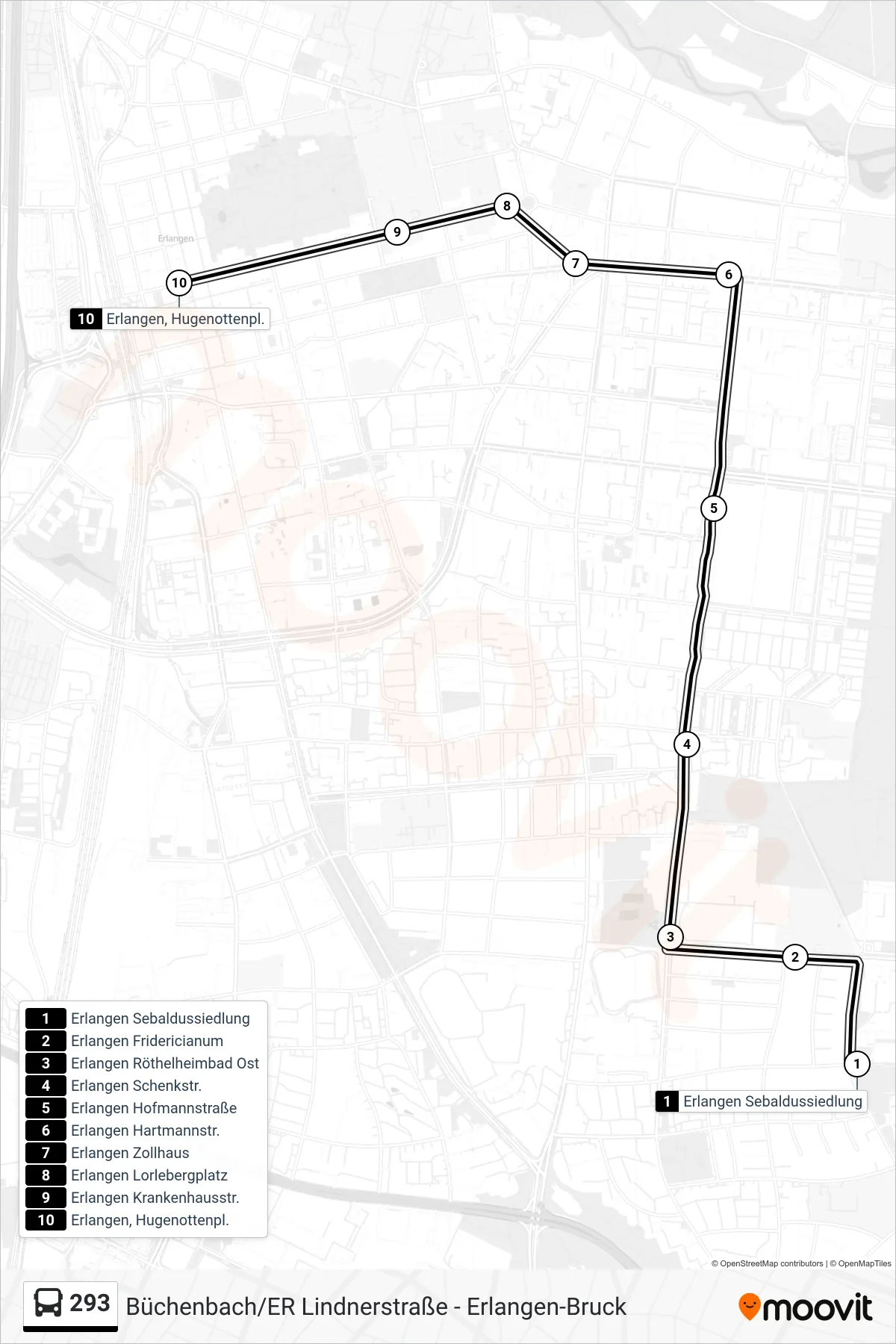 293 bus Line (Hugenottenplatz) route and stops on a map