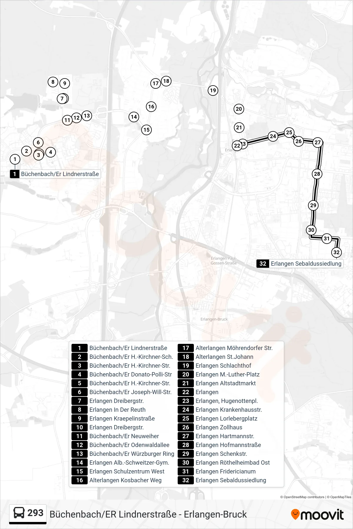 293 bus Line (Sebaldussiedlung) route and stops on a map