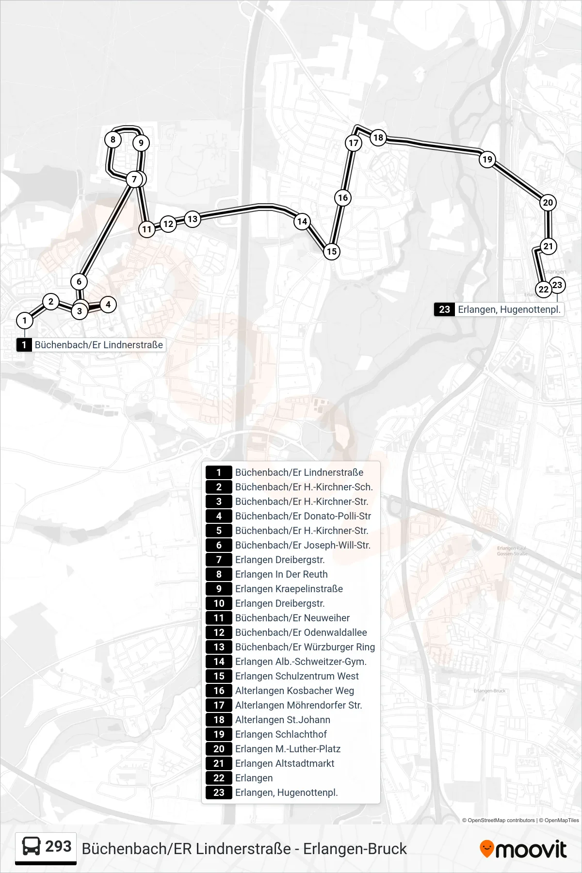 293 bus Line (Hugenottenplatz) route and stops on a map