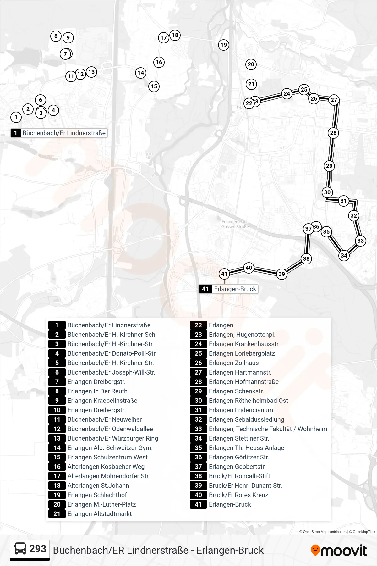 293 bus Line (Bruck Bahnhof) route and stops on a map
