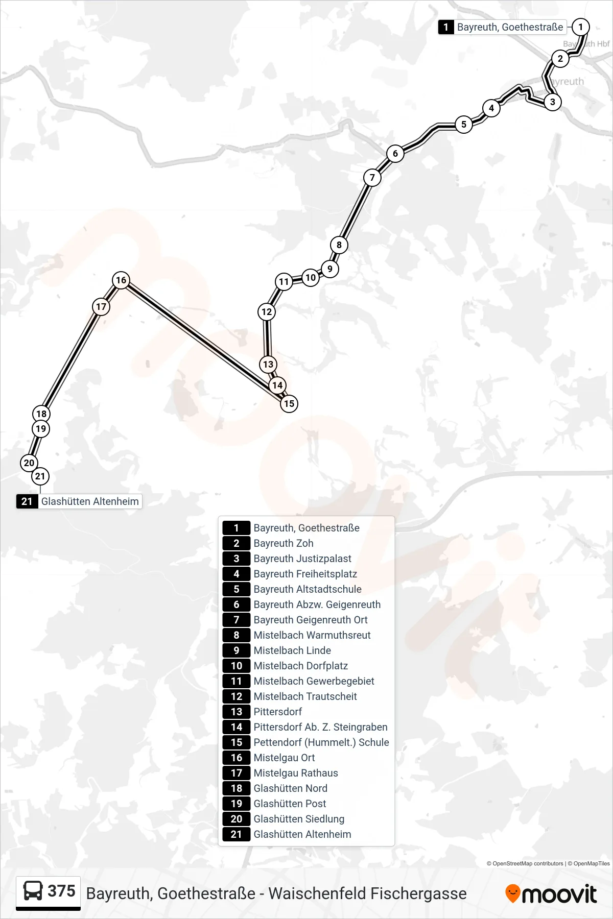375 bus Line (Glash.- Mistelb.- Hummeltal) route and stops on a map