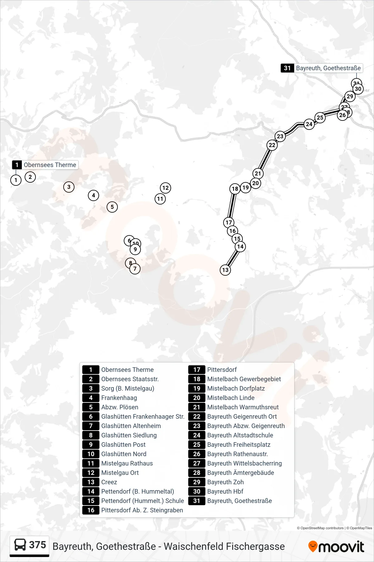 375 bus Line (Bayreuth - Hauptbahnhof) route and stops on a map