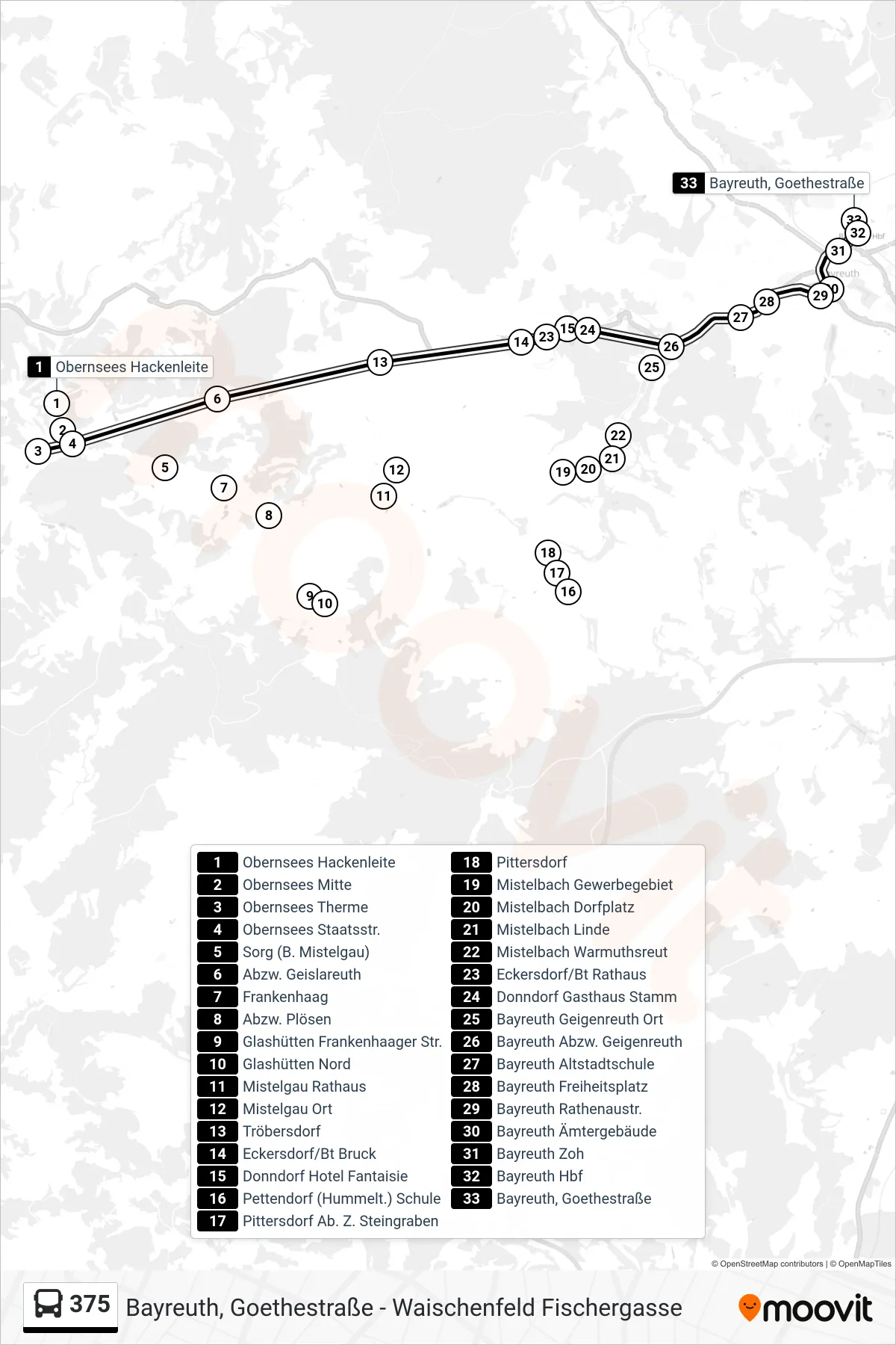 375 bus Line (Bayreuth) route and stops on a map