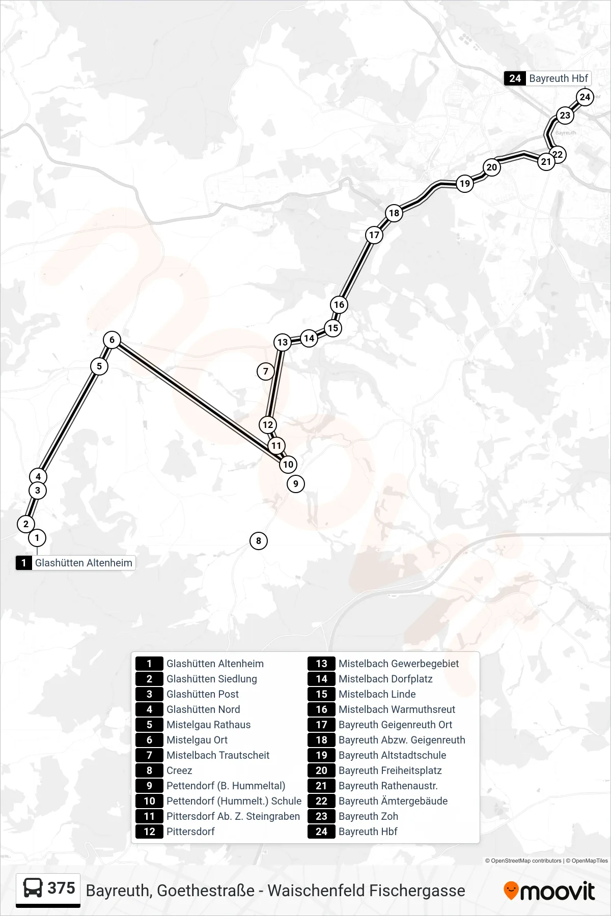 375 bus Line (Bayreuth Hbf) route and stops on a map
