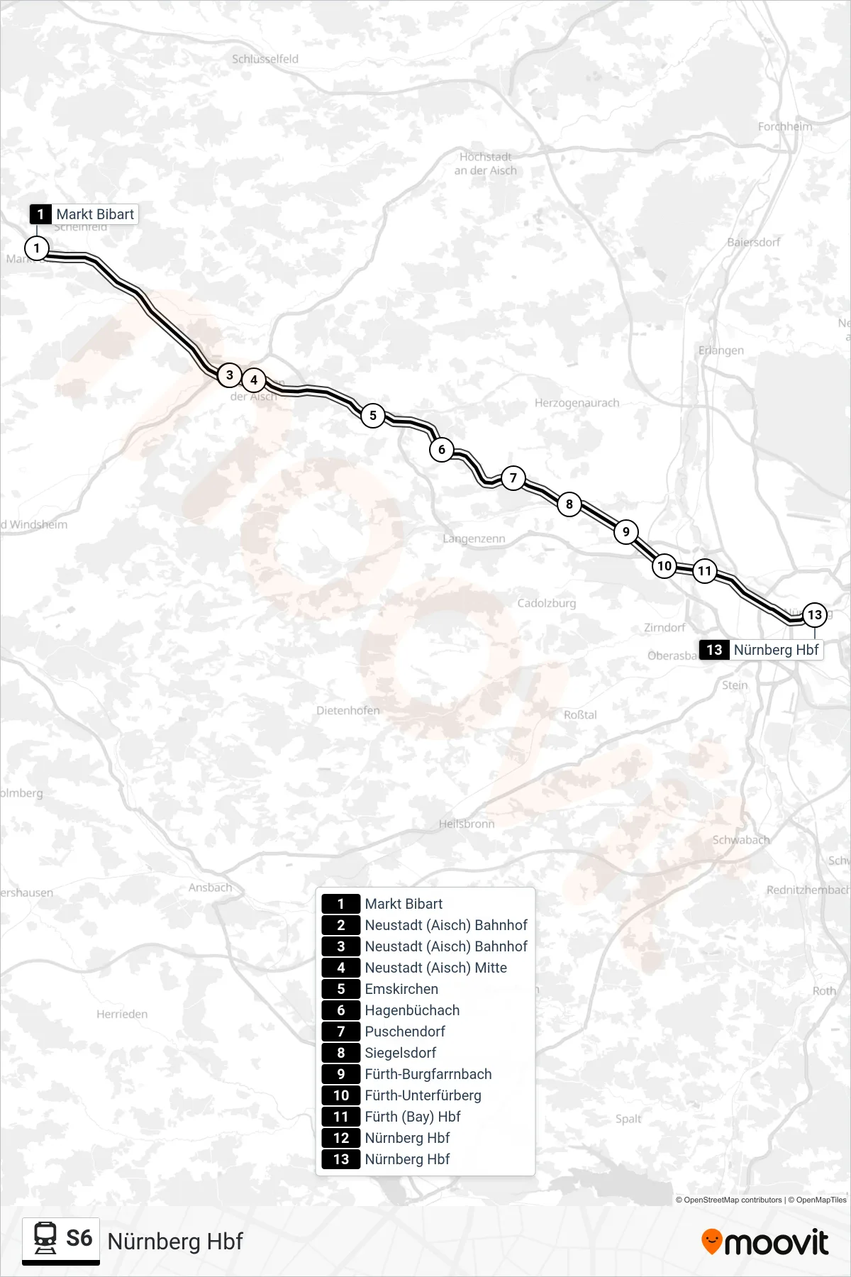 Linie S6 (Bahn) Richtung Nürnberg Hbf: Route und Haltestellen auf der Karte