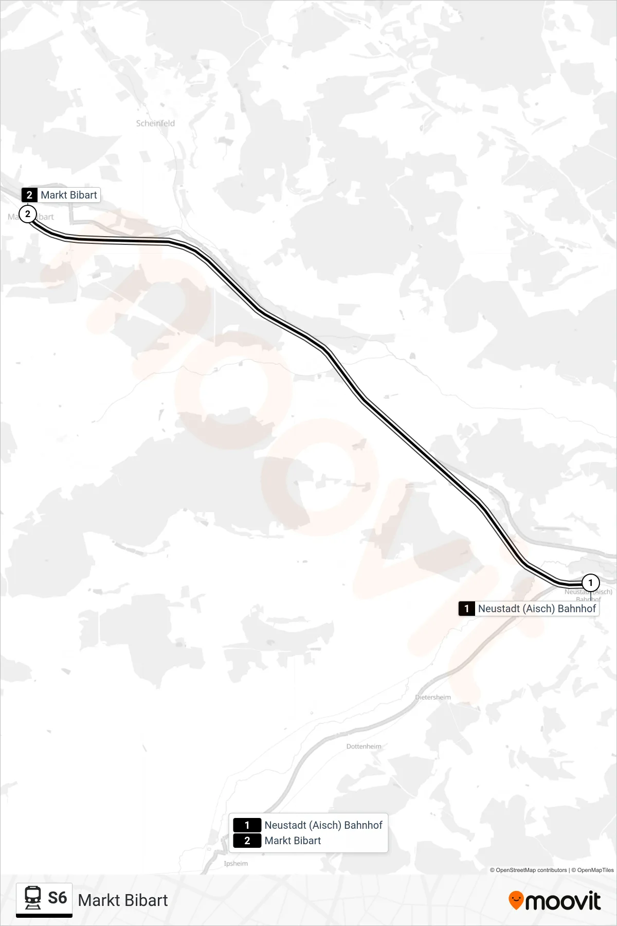 S6 train Line (Markt Bibart) route and stops on a map
