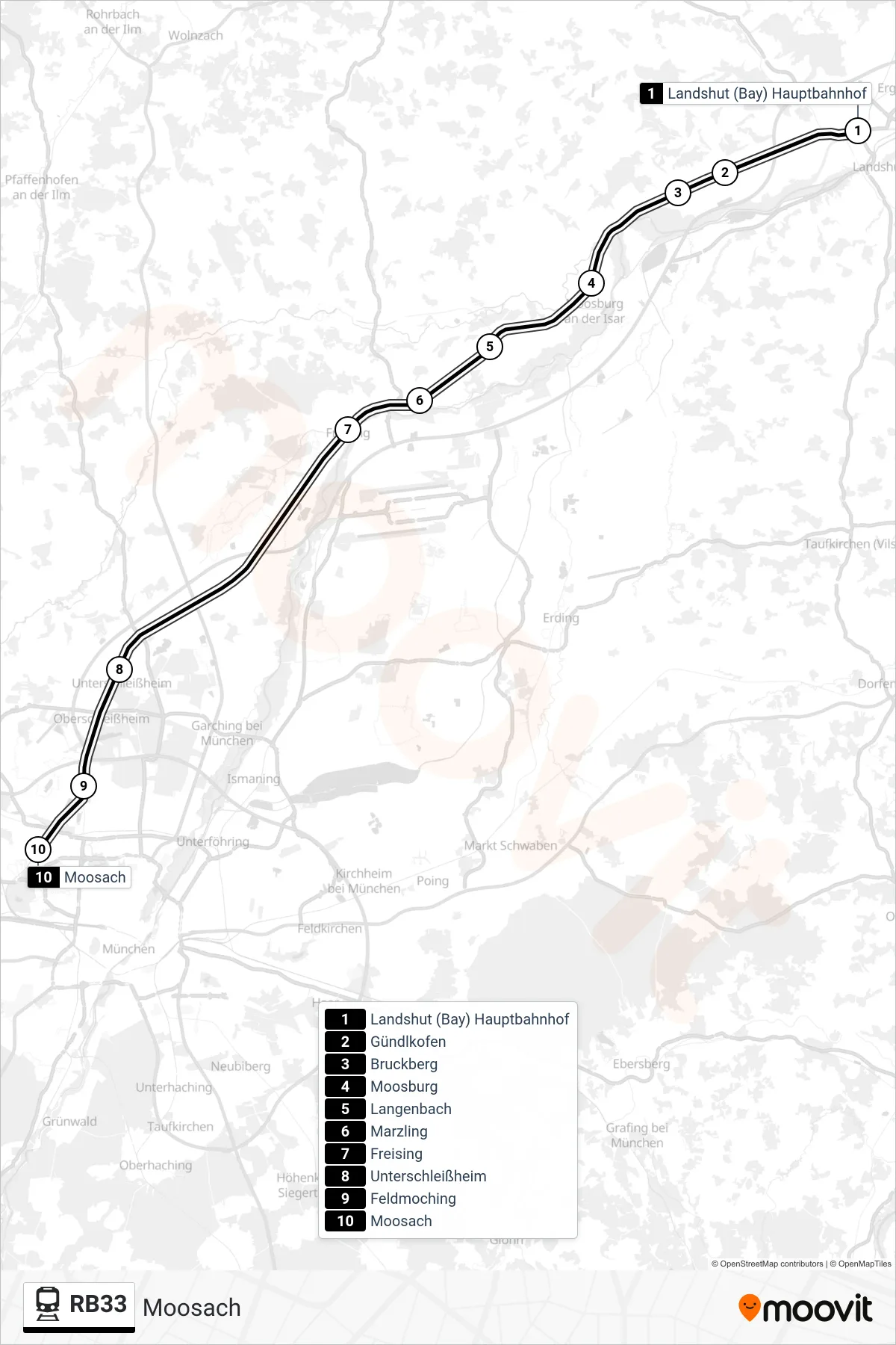 Linie RB33 (Bahn) Richtung Moosach: Route und Haltestellen auf der Karte