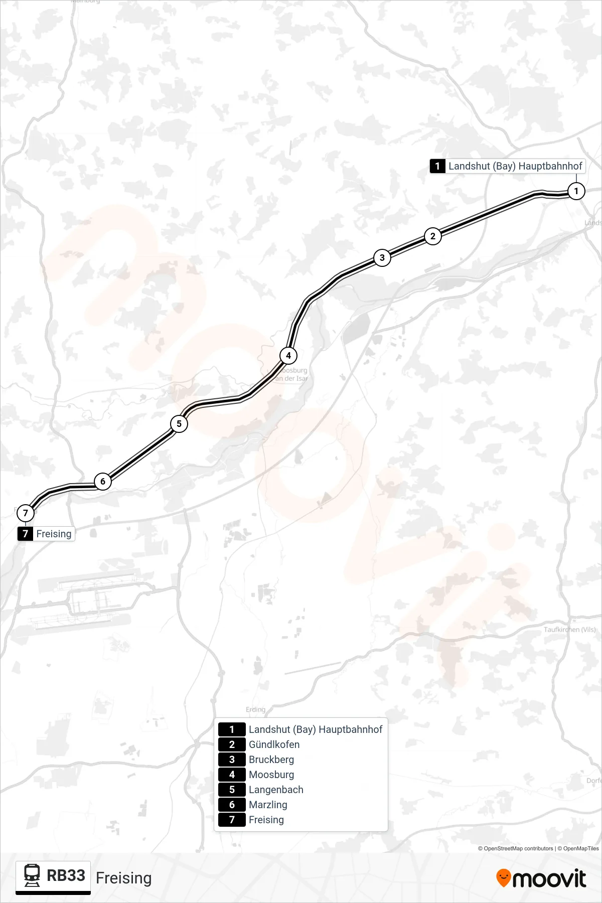 RB33 train Line (Freising) route and stops on a map