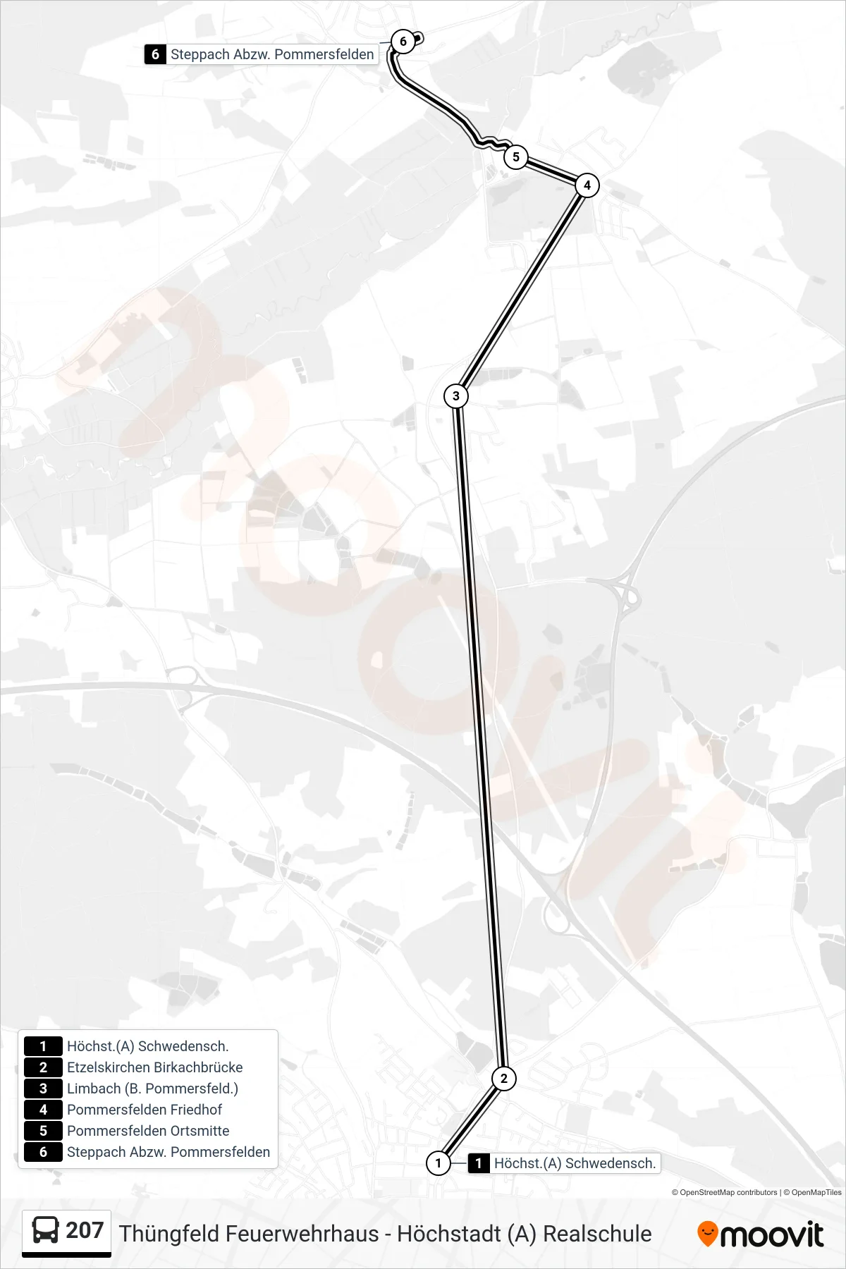207 bus Line (Verstärker Bis Steppach) route and stops on a map