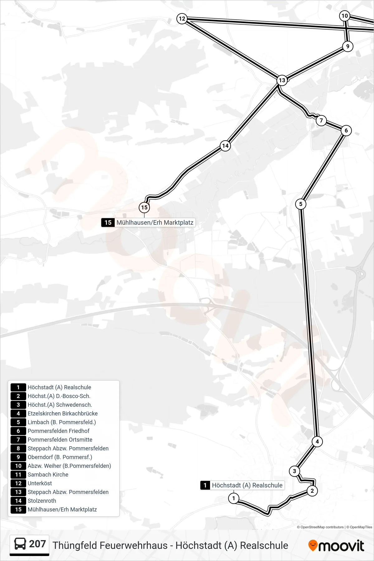 Linie 207 (Bus) Richtung Mühlhausen: Route und Haltestellen auf der Karte