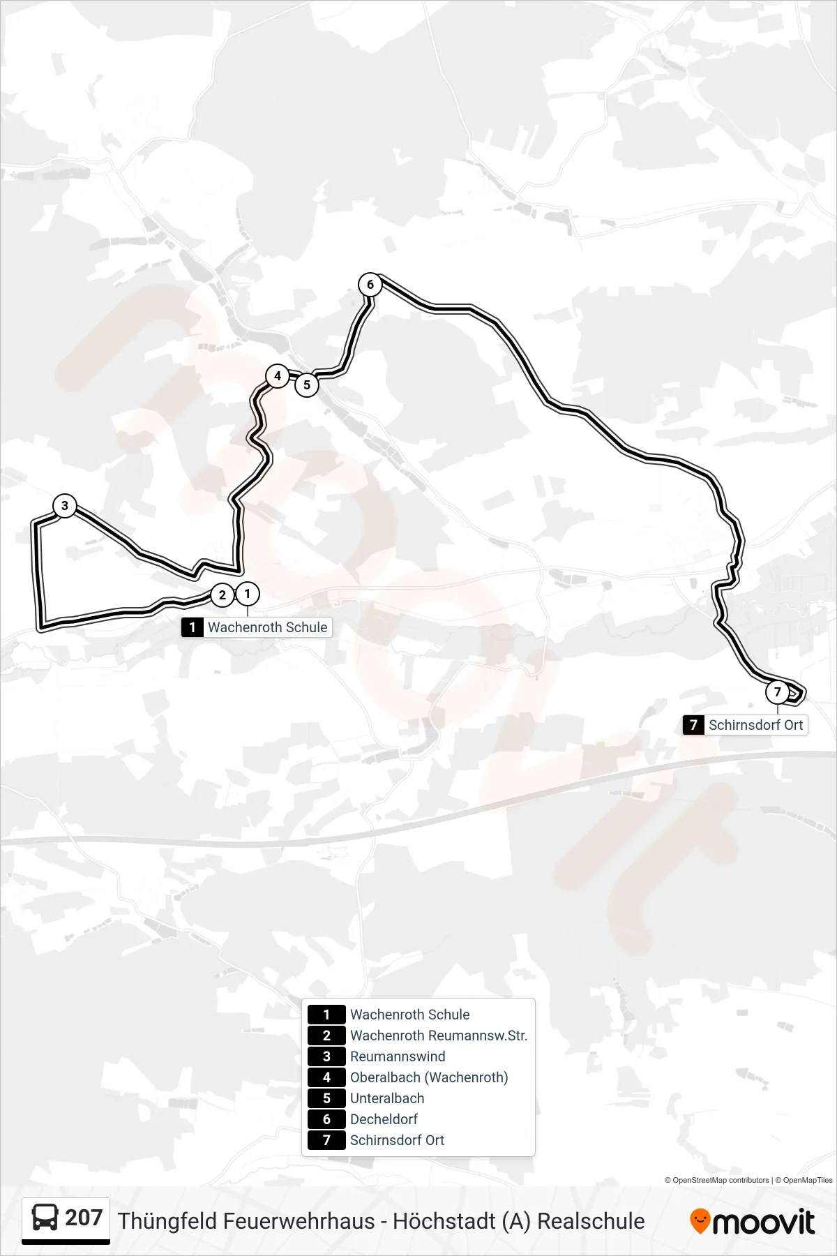 207 bus Line (Schirnsdorf) route and stops on a map