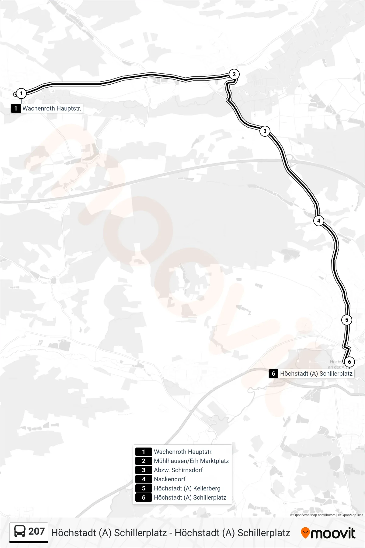 207 bus Line (Höchstadt Schillerplatz71) route and stops on a map