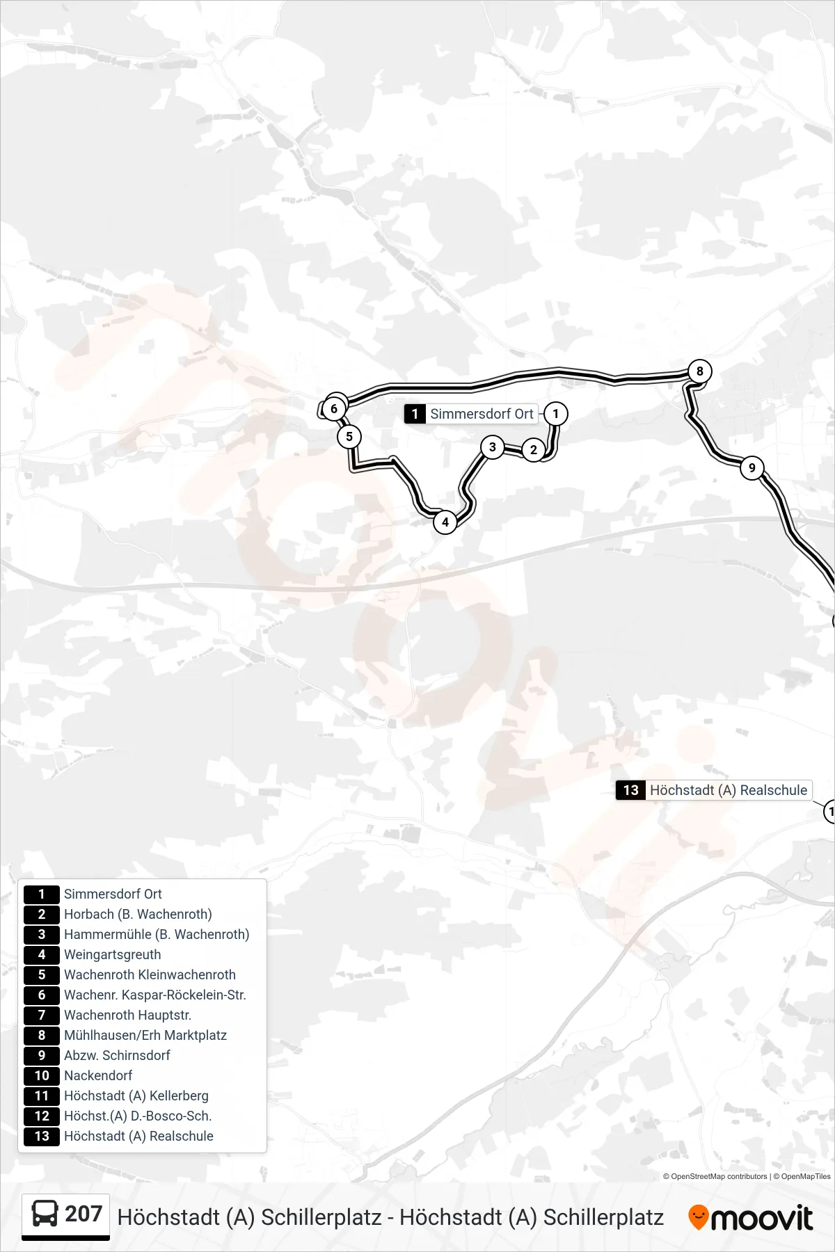 Linie 207 (Bus) Richtung Höchstadt Realschule 74: Route und Haltestellen auf der Karte