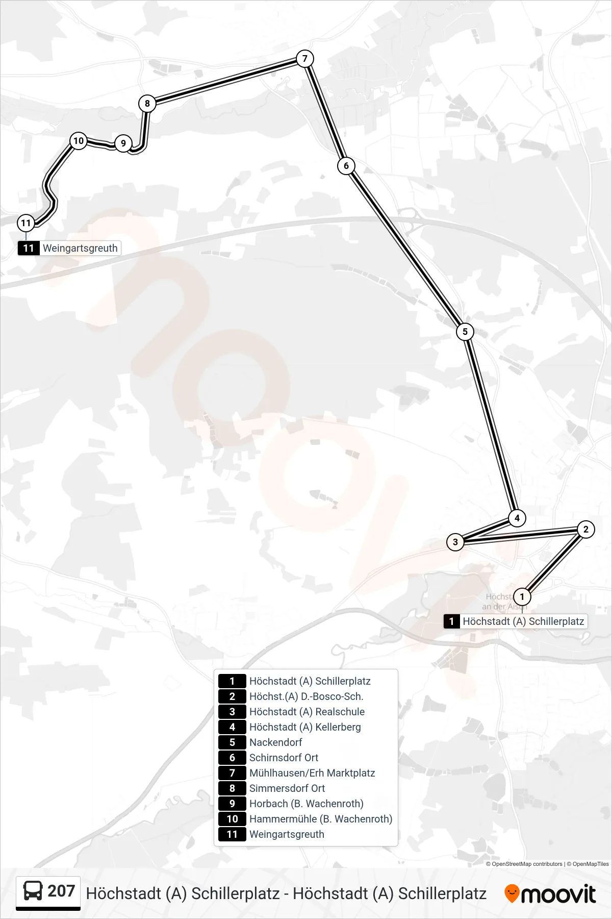Linie 207 (Bus) Richtung Heuchelheim: Route und Haltestellen auf der Karte