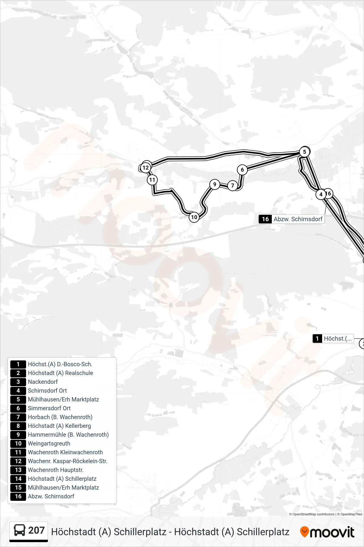 Linie 207 (Bus) Richtung Höchstadt (A) Schillerplatz: Route und Haltestellen auf der Karte