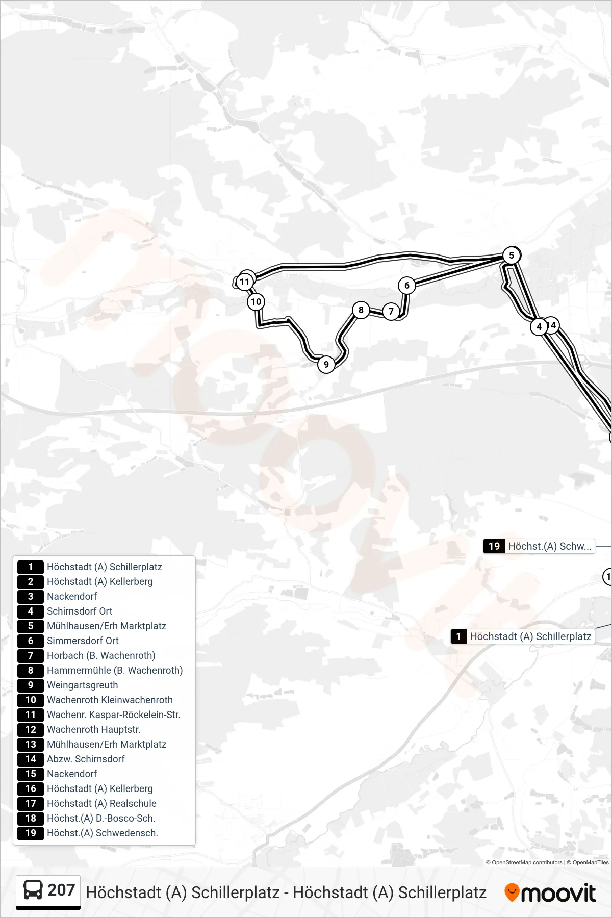207 bus Line (Höchst.(A) Schwedensch.) route and stops on a map