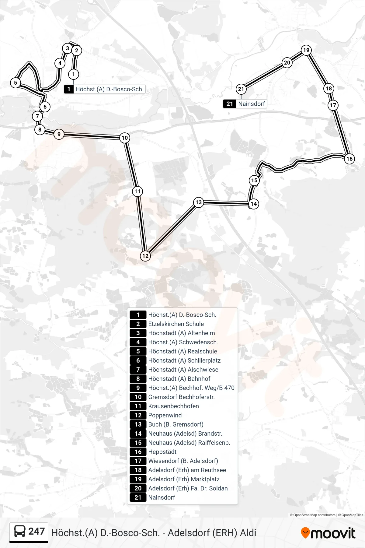 247 bus Line (Nainsdorf Über Adelsdorf) route and stops on a map