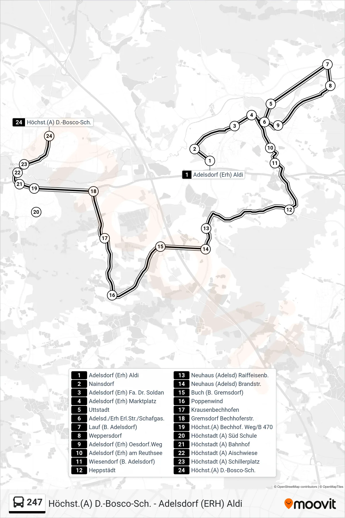Linie 247 (Bus) Richtung Höchstadt Don-Bosco-Schule: Route und Haltestellen auf der Karte