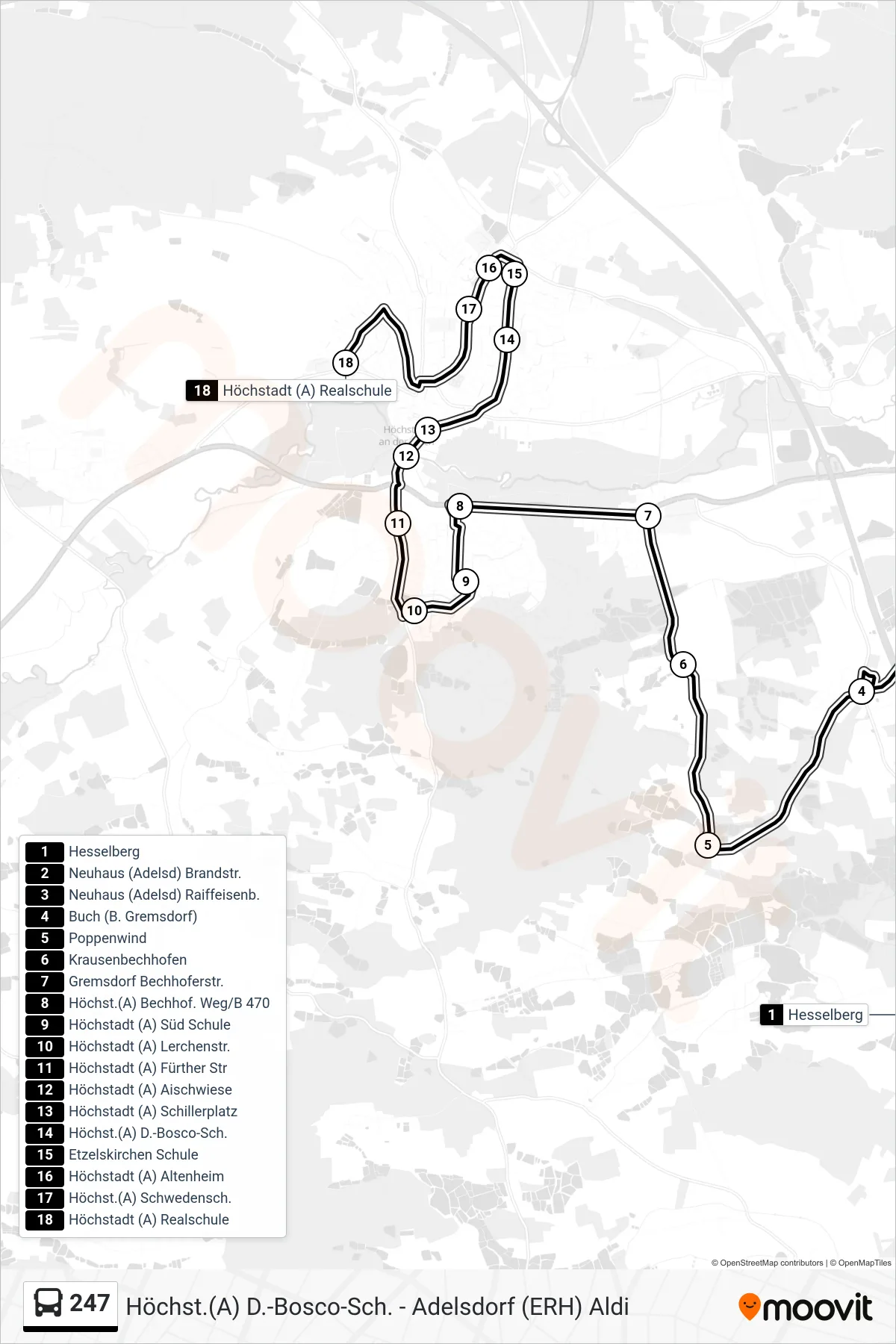 247 bus Line (Realschule   Höchstadt          131) route and stops on a map