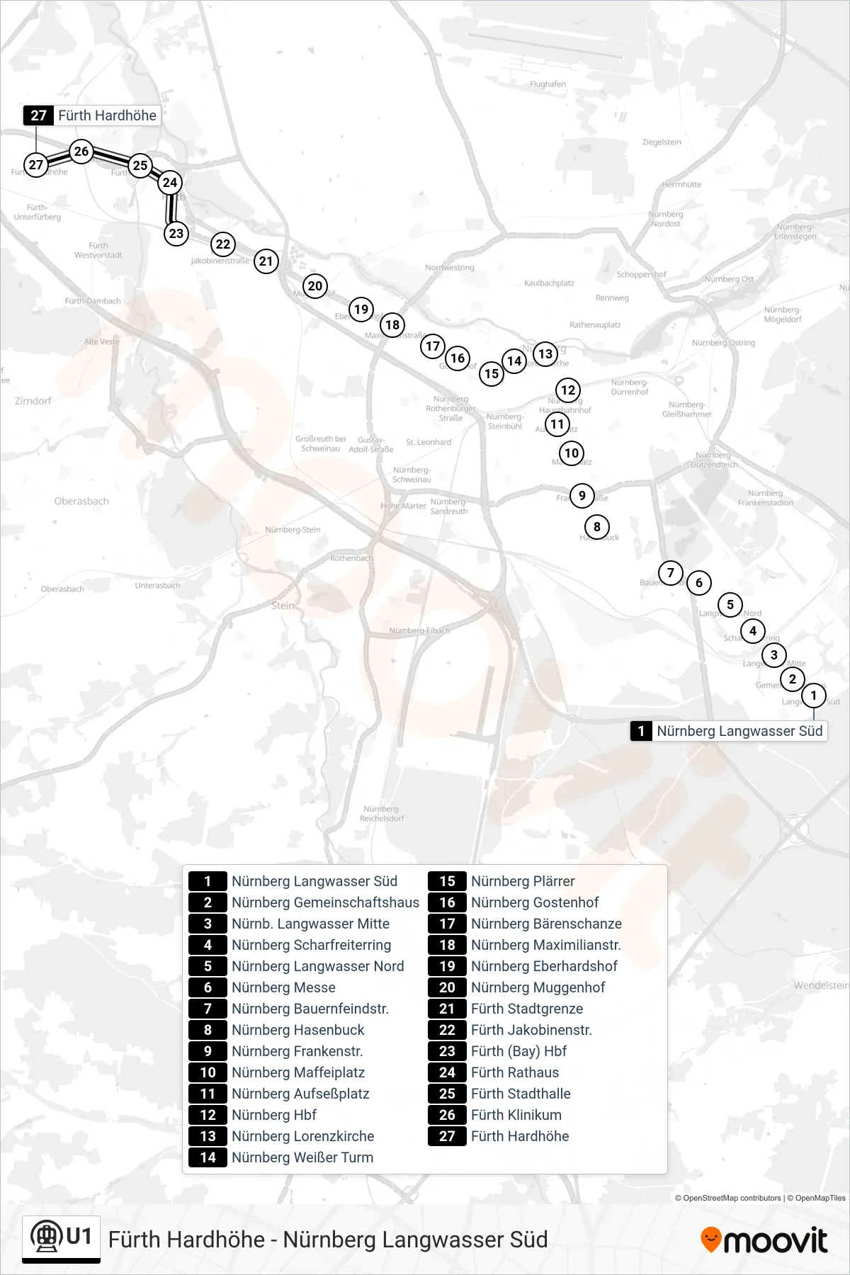 Linie U1 (U-Bahn) Richtung Fürth Hardhöhe: Route und Haltestellen auf der Karte