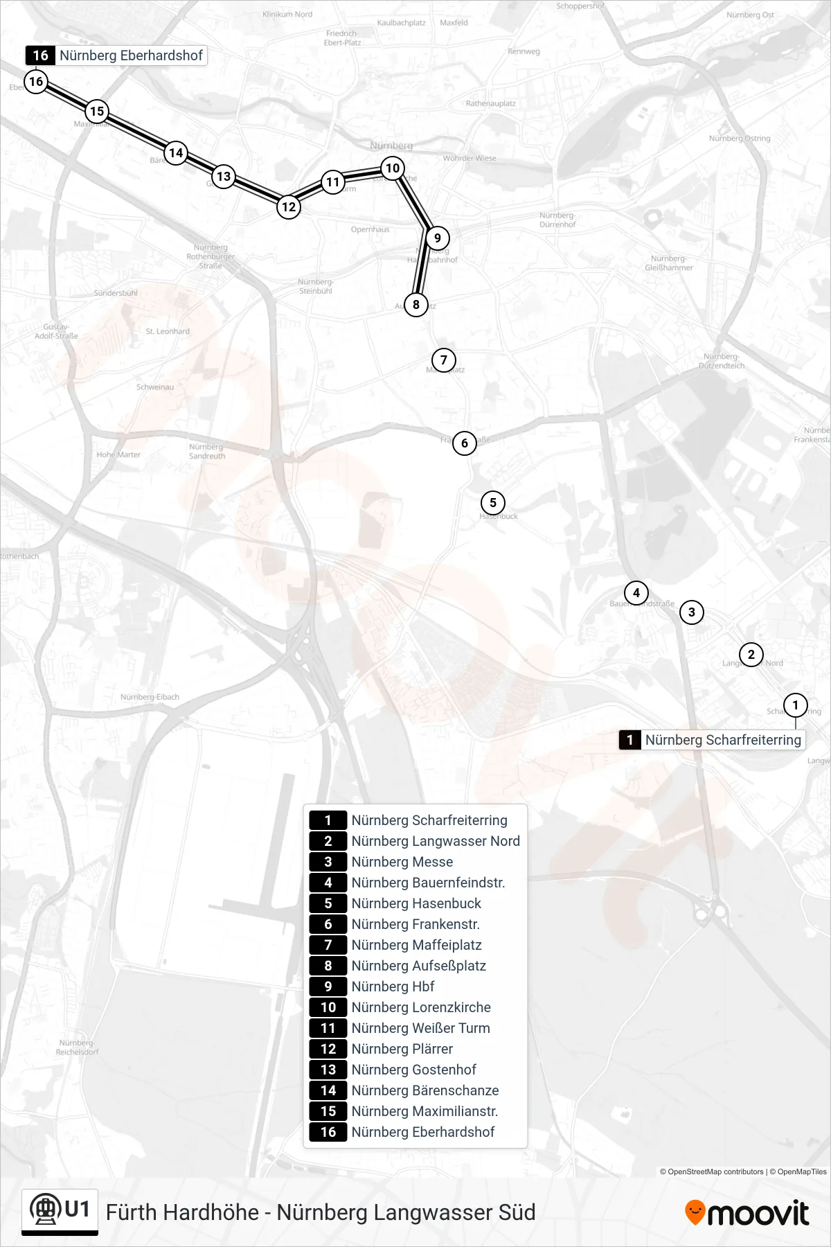 Linie U1 (U-Bahn) Richtung Eberhardshof: Route und Haltestellen auf der Karte