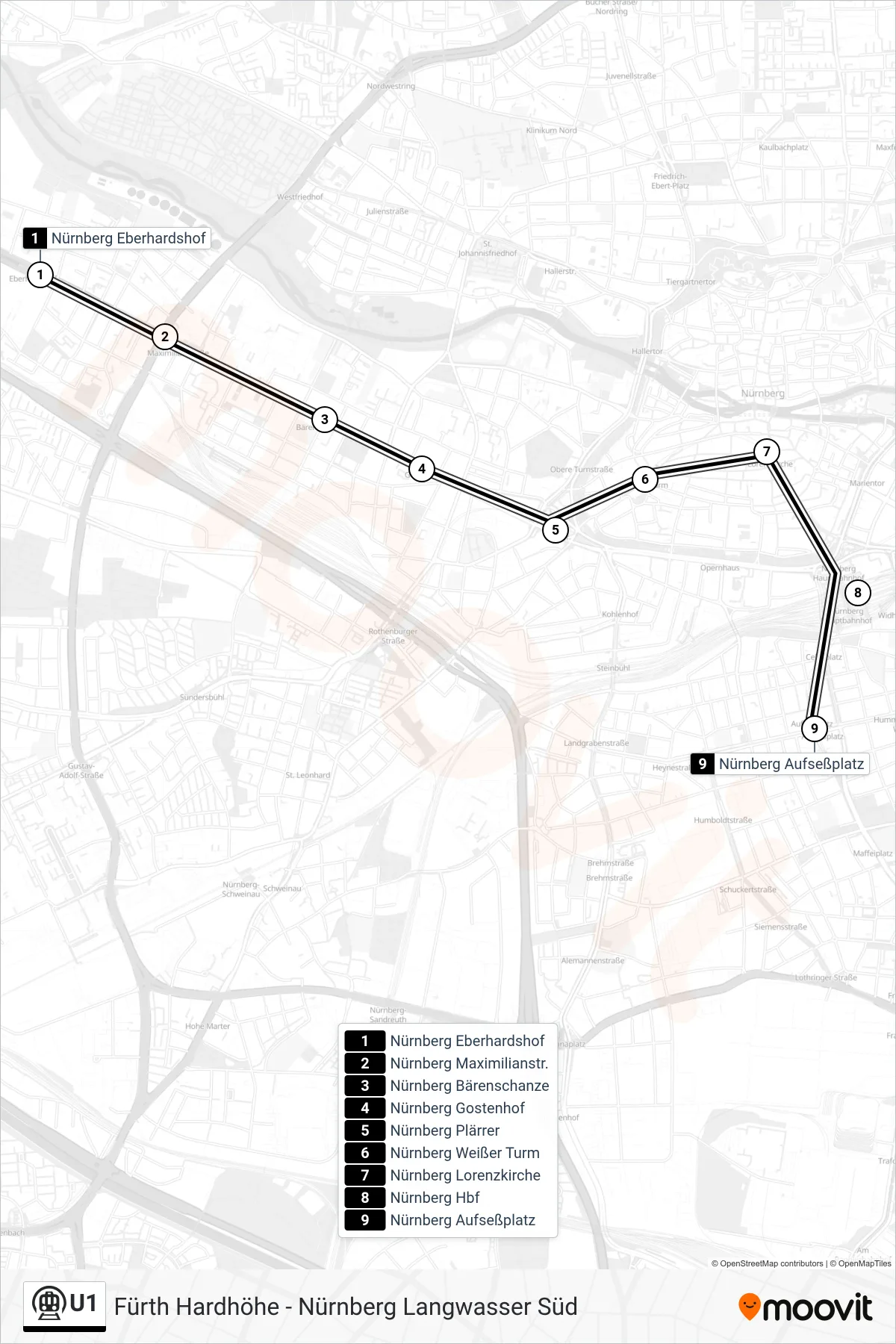 U1 subway Line (Aufseßplatz) route and stops on a map
