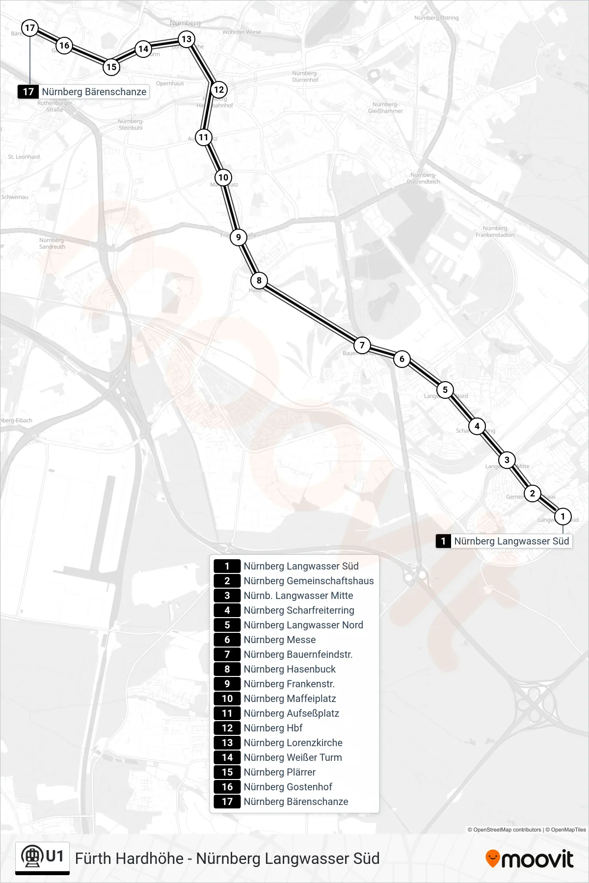 U1 subway Line (Bärenschanze) route and stops on a map
