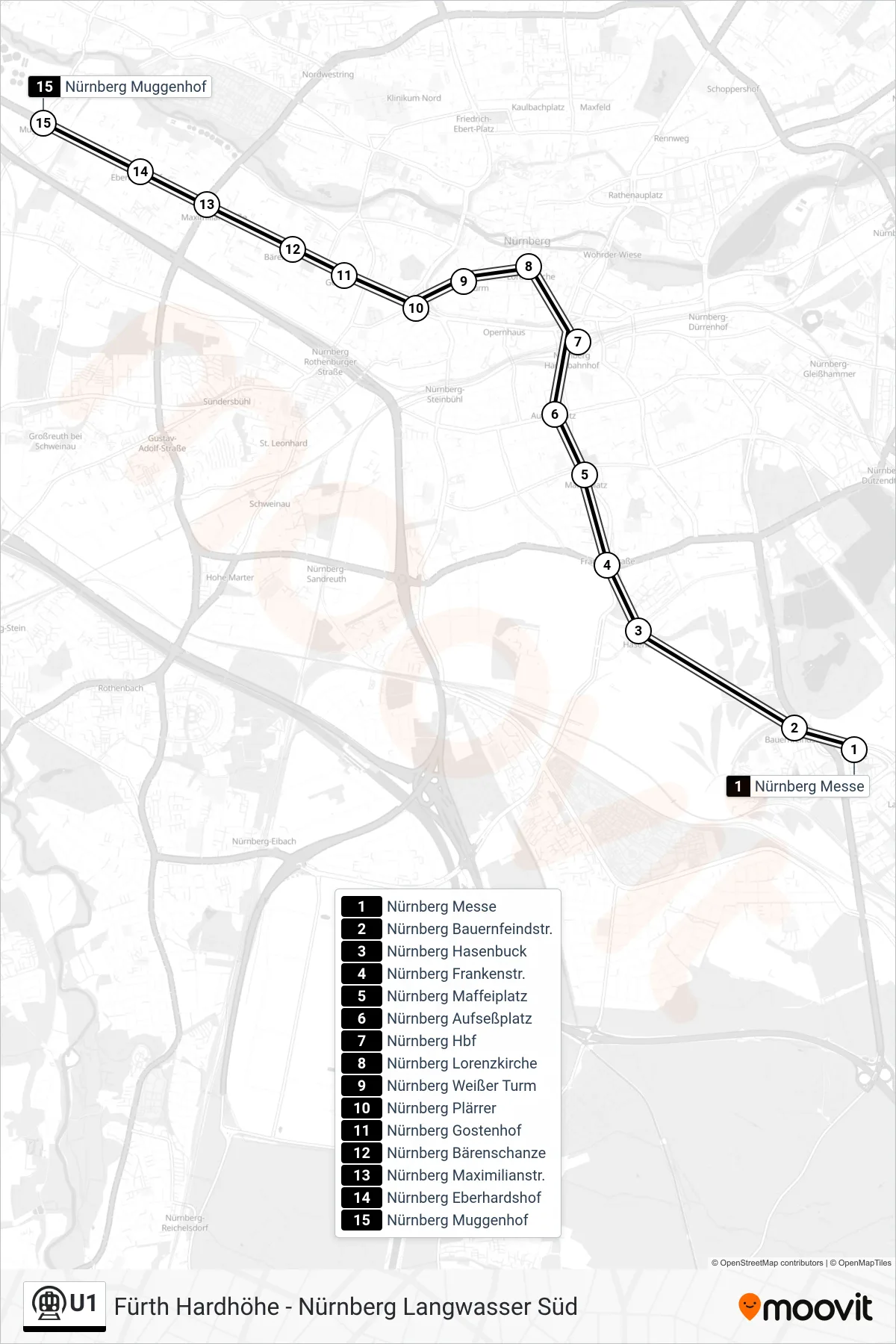 U1 subway Line (Muggenhof) route and stops on a map