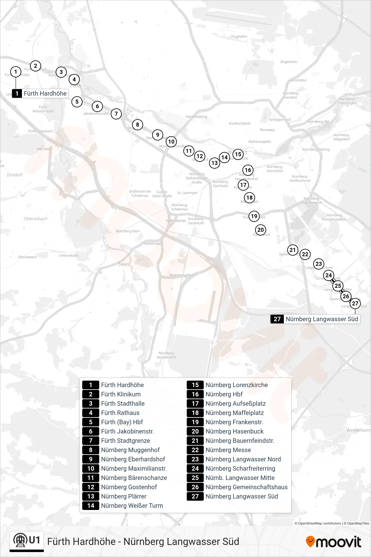 U1 subway Line (Langwasser Süd) route and stops on a map