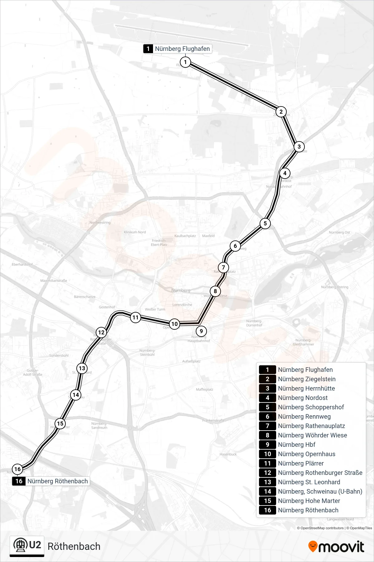Linie U2 (U-Bahn) Richtung Röthenbach: Route und Haltestellen auf der Karte