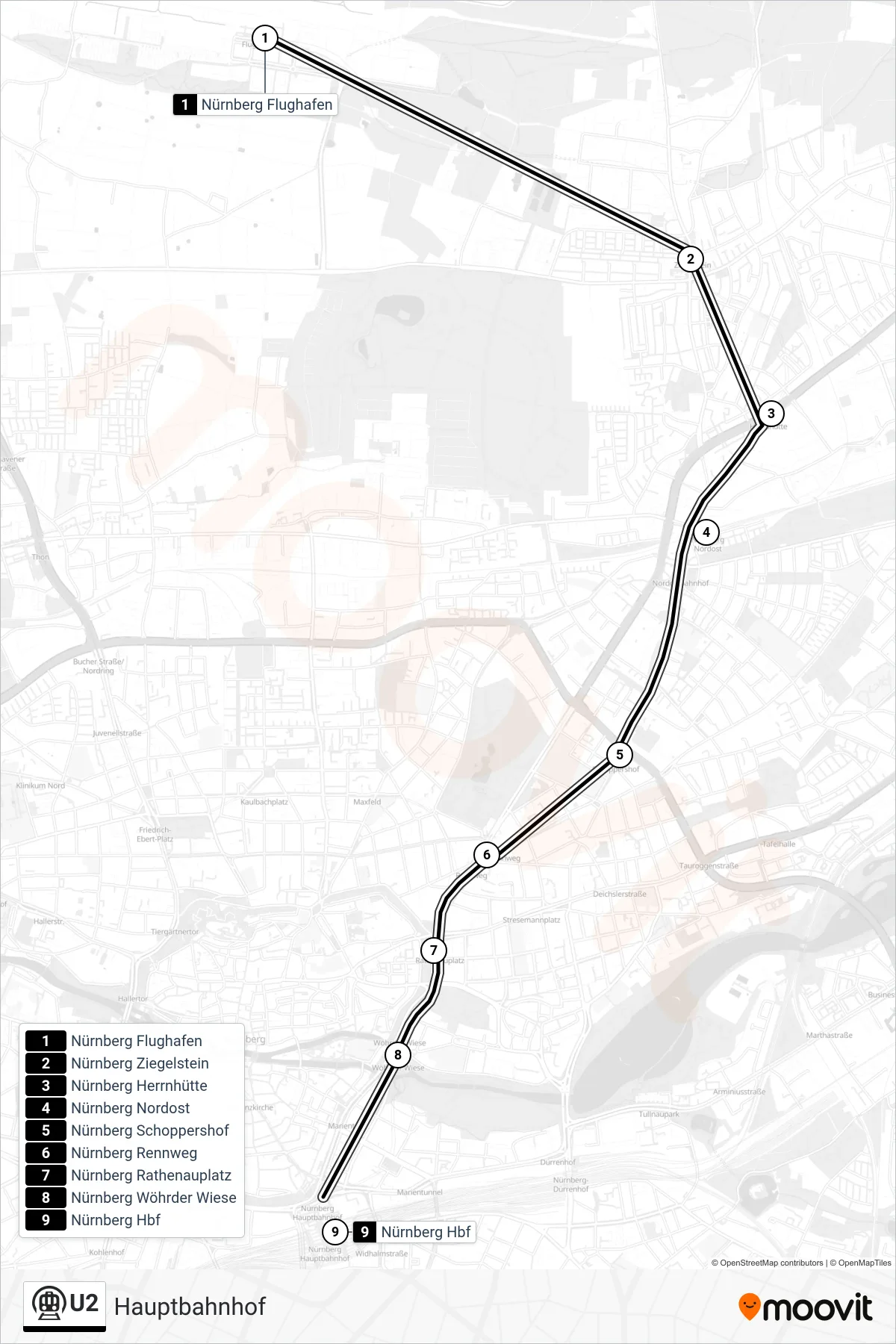 U2 subway Line (Hauptbahnhof) route and stops on a map