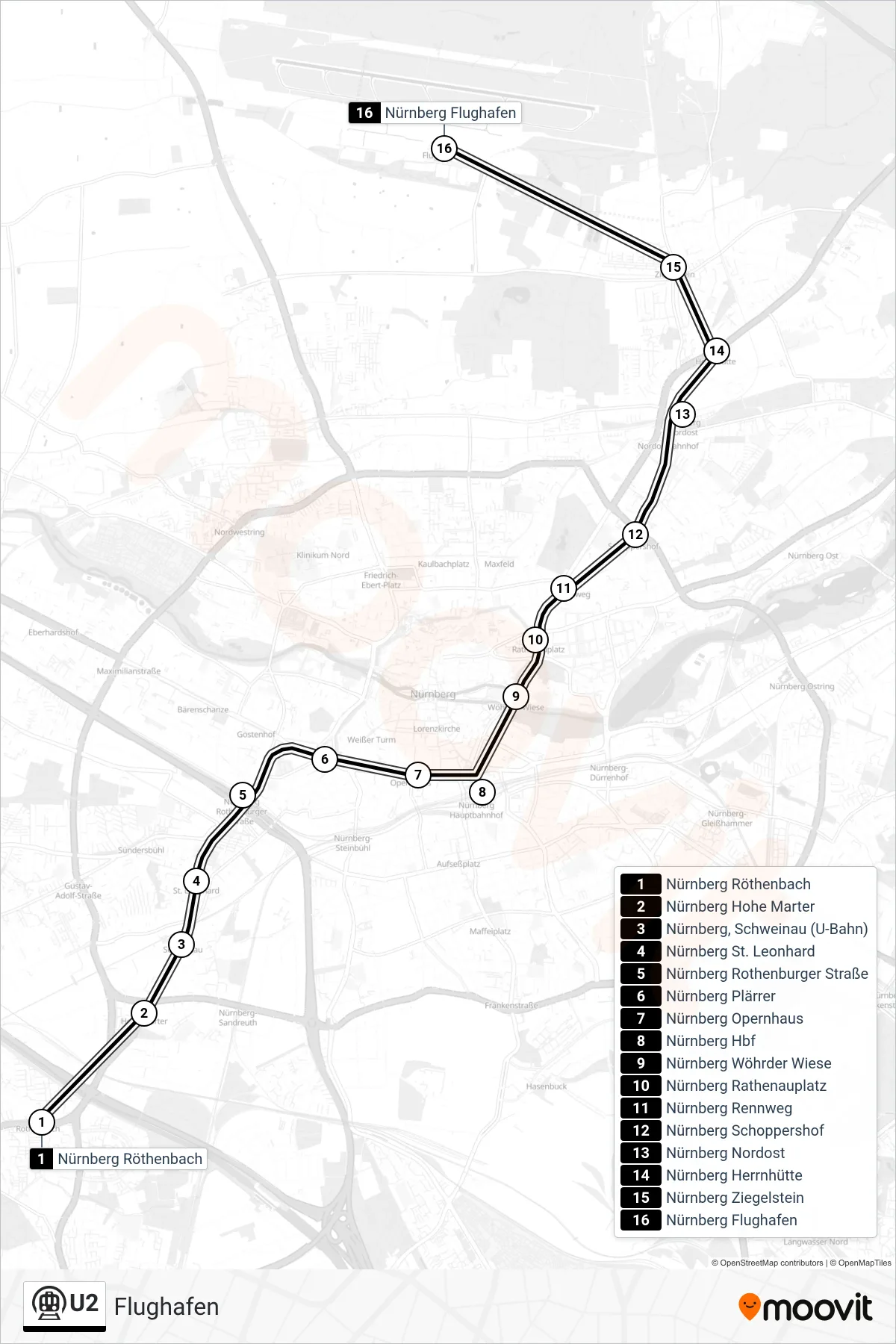 Linie U2 (U-Bahn) Richtung Flughafen: Route und Haltestellen auf der Karte