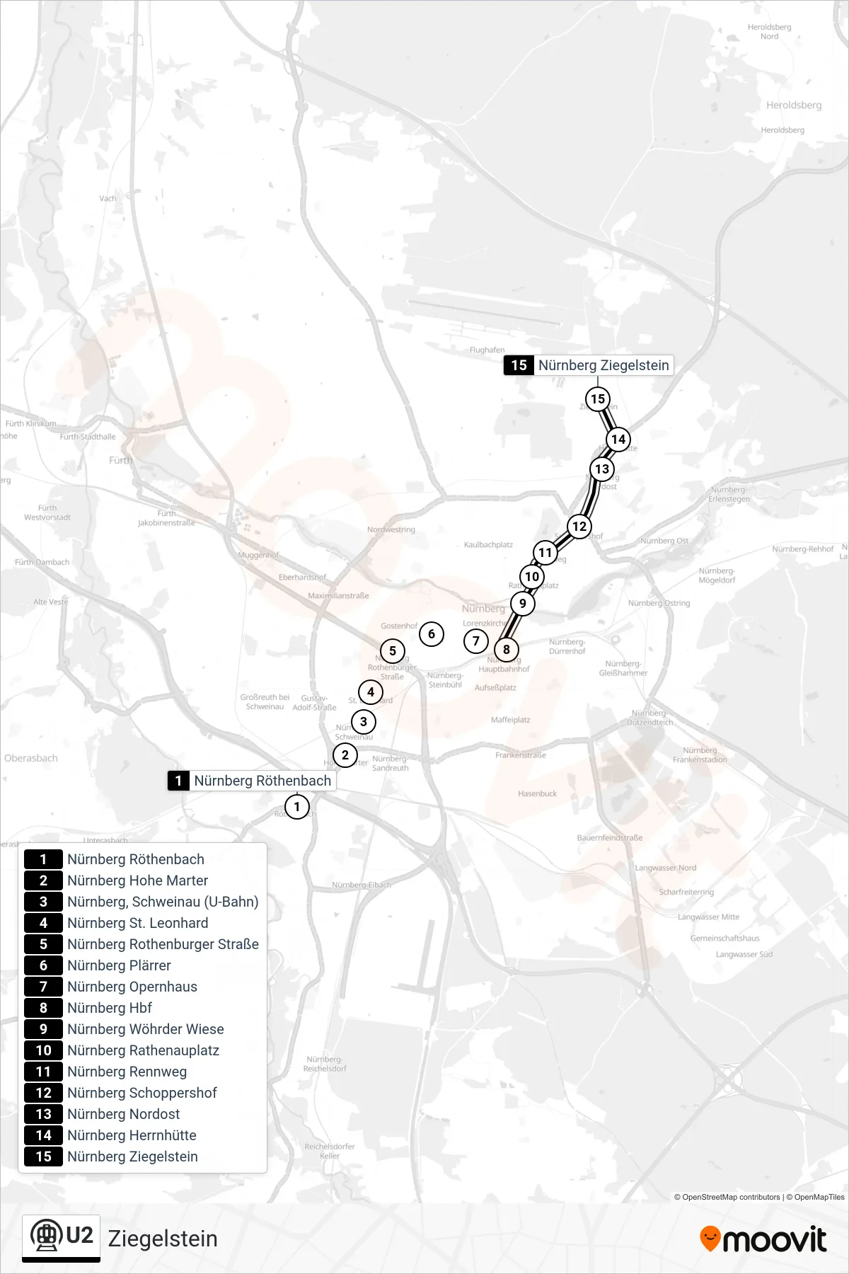U2 subway Line (Ziegelstein) route and stops on a map