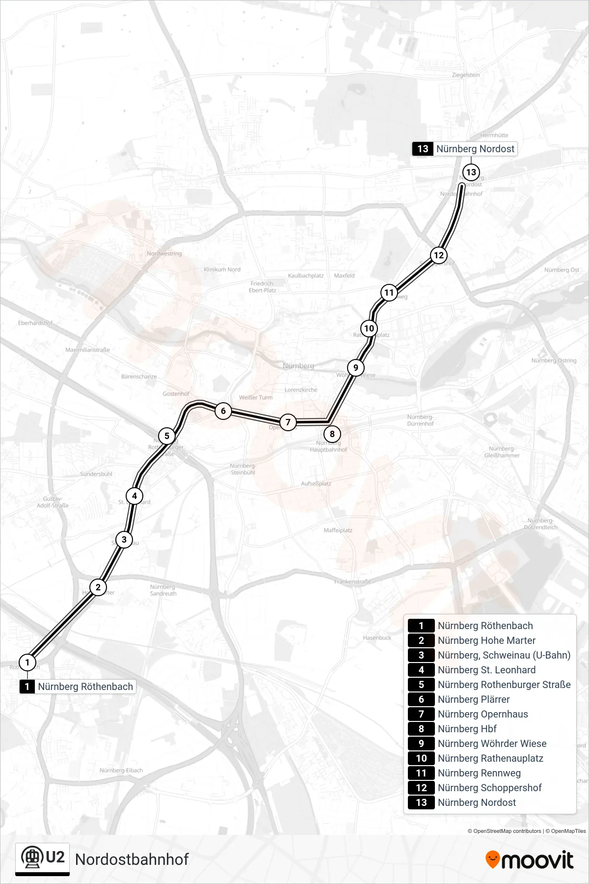 Linie U2 (U-Bahn) Richtung Nordostbahnhof: Route und Haltestellen auf der Karte