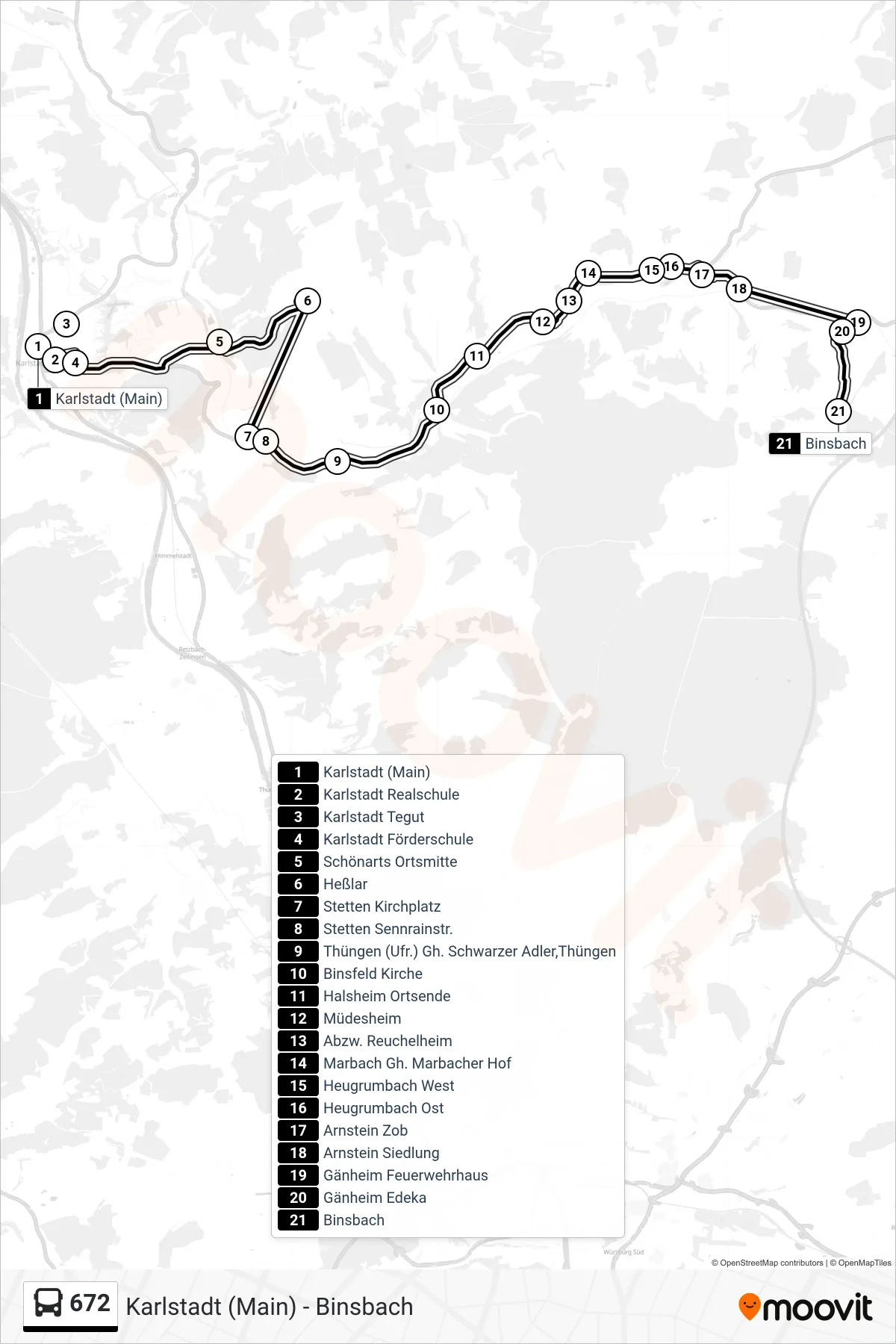 Linie 672 (Bus) Richtung Binsbach: Route und Haltestellen auf der Karte